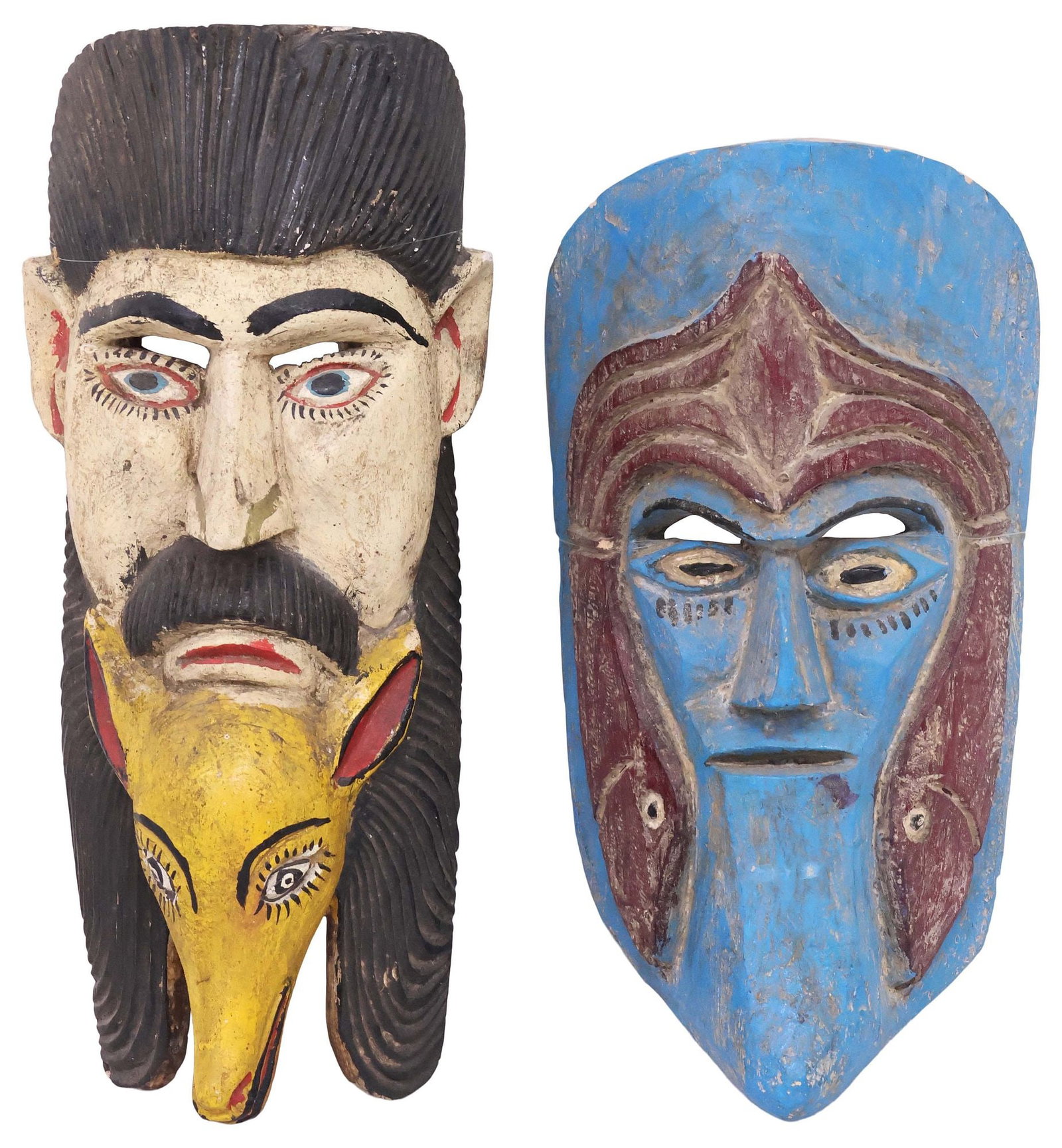 (2) MEXICAN FOLK ART CARVED & PAINTED WOOD FIGURAL DANCE MASKS: (lot of 2) Folk art polychrome-painted and carved wood dance masks, Mexico, mid 20th c., including: (1) Barbones (Bearded Man), with yellow Nahual armadillo under the chin, approx 15.5"h, 7"w, 4.5"d; 
