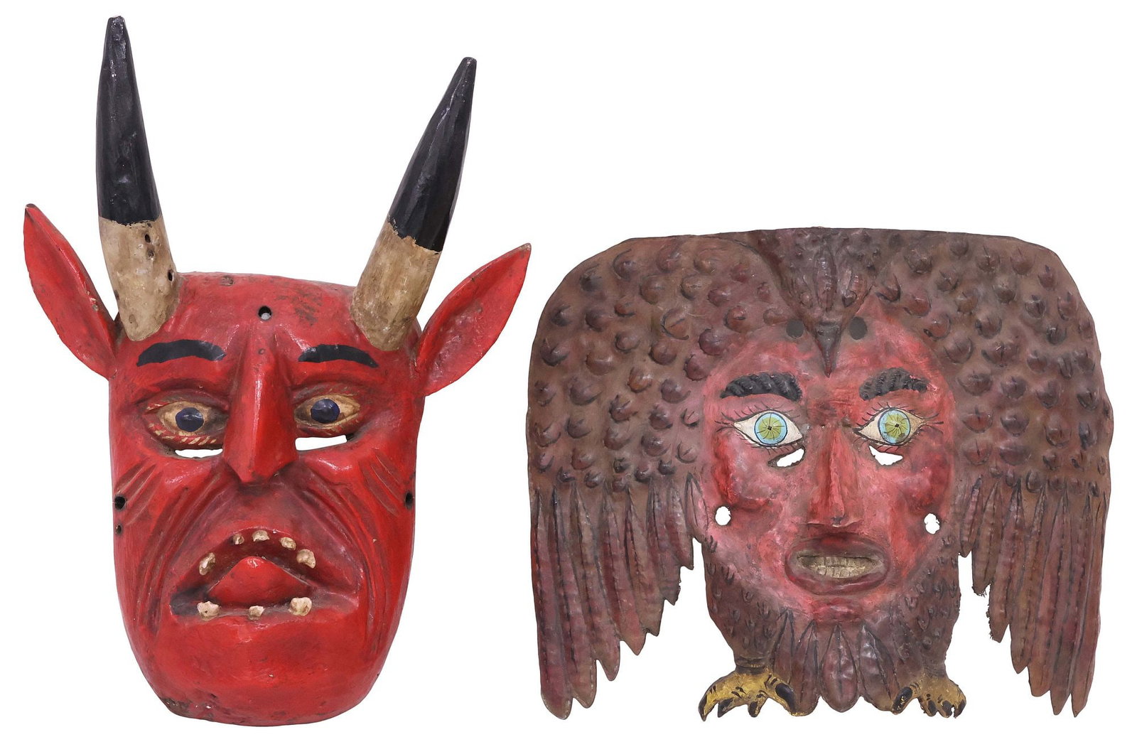 (2) MEXICAN FOLK ART PAINTED COPPER & CARVED WOOD DANCE MASKS: (lot of 2) Folk art polychrome painted dance masks, Mexico, mid 20th c., including: (1) carved wood El Diablo, with protruding horns and tongue, approx 17"h, 13"w, 5.5"d; (1) copper repousse anthropom