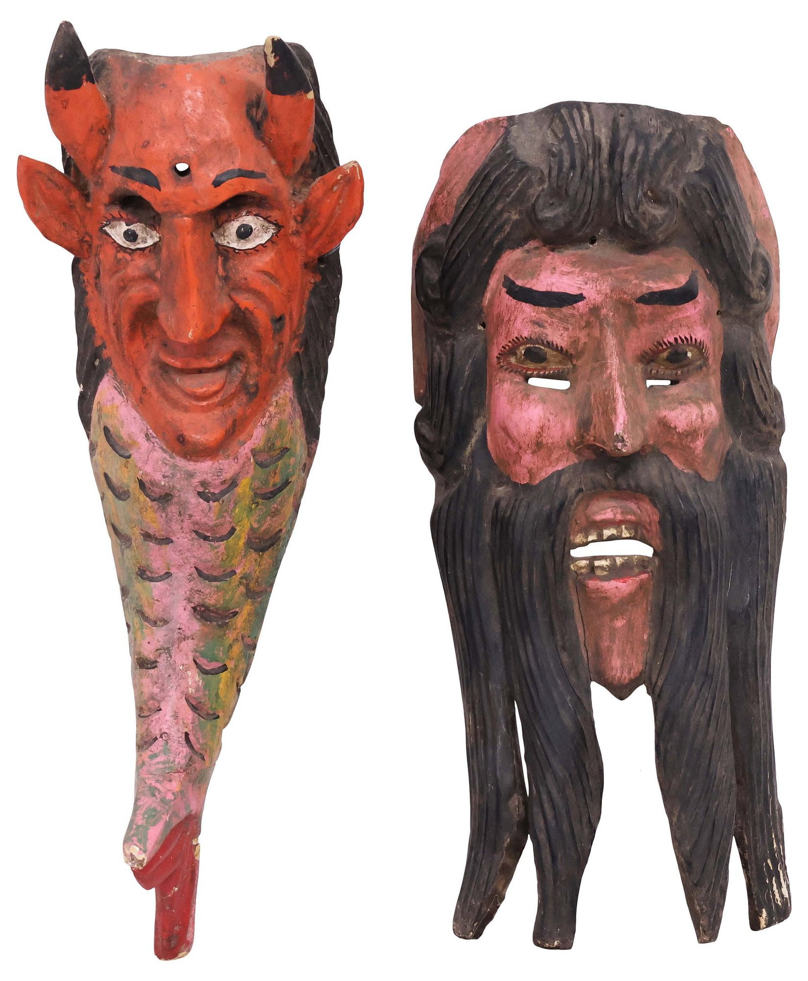 (2) MEXICAN FOLK ART PAINTED & CARVED EL DIABLO & BARBONES DANCE MASKS: (lot of 2) Folk art polychrome-painted and carved wood dance masks, Mexico, mid 20th c., including: (1) Barbones (Bearded Man), approx 18.75"h, 8.5"w, 5.25"d; (1) El Diablo, with scaled fish tail, app
