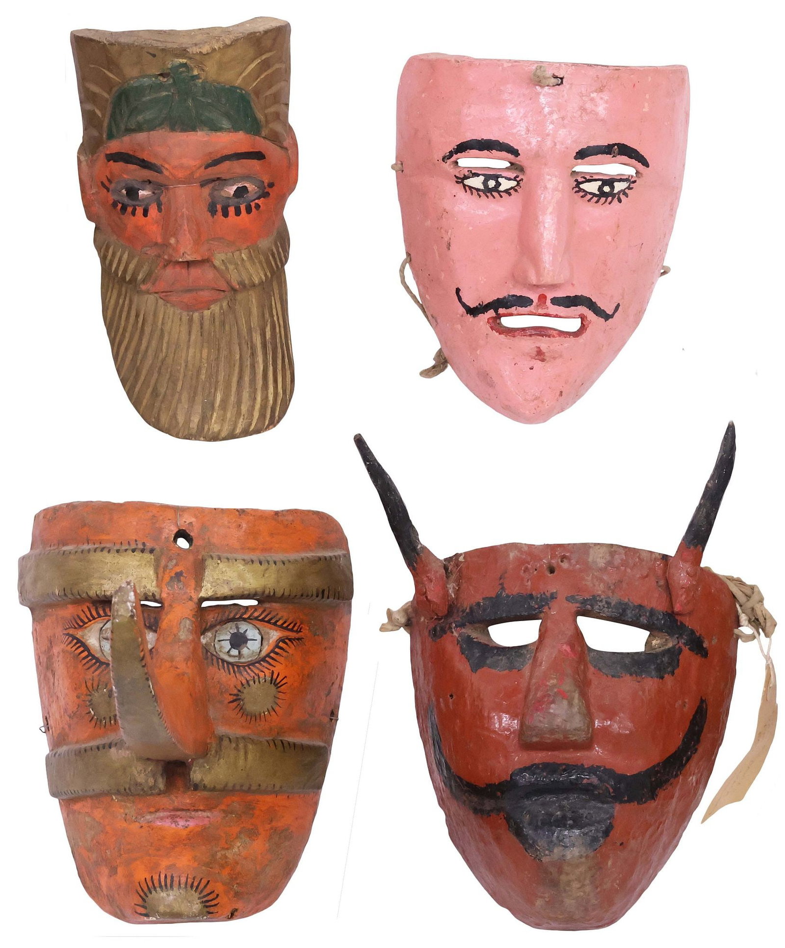 (4) MEXICAN FOLK ART CARVED & PAINTED DANCE MASKS: (lot of 4) Folk art polychrome-painted and carved wood dance masks, Mexico, mid 20th c., including: (1) "Hormegas Dance," humanoid face with protruding long nose; (1) El Diablo, with raised horns; (1)