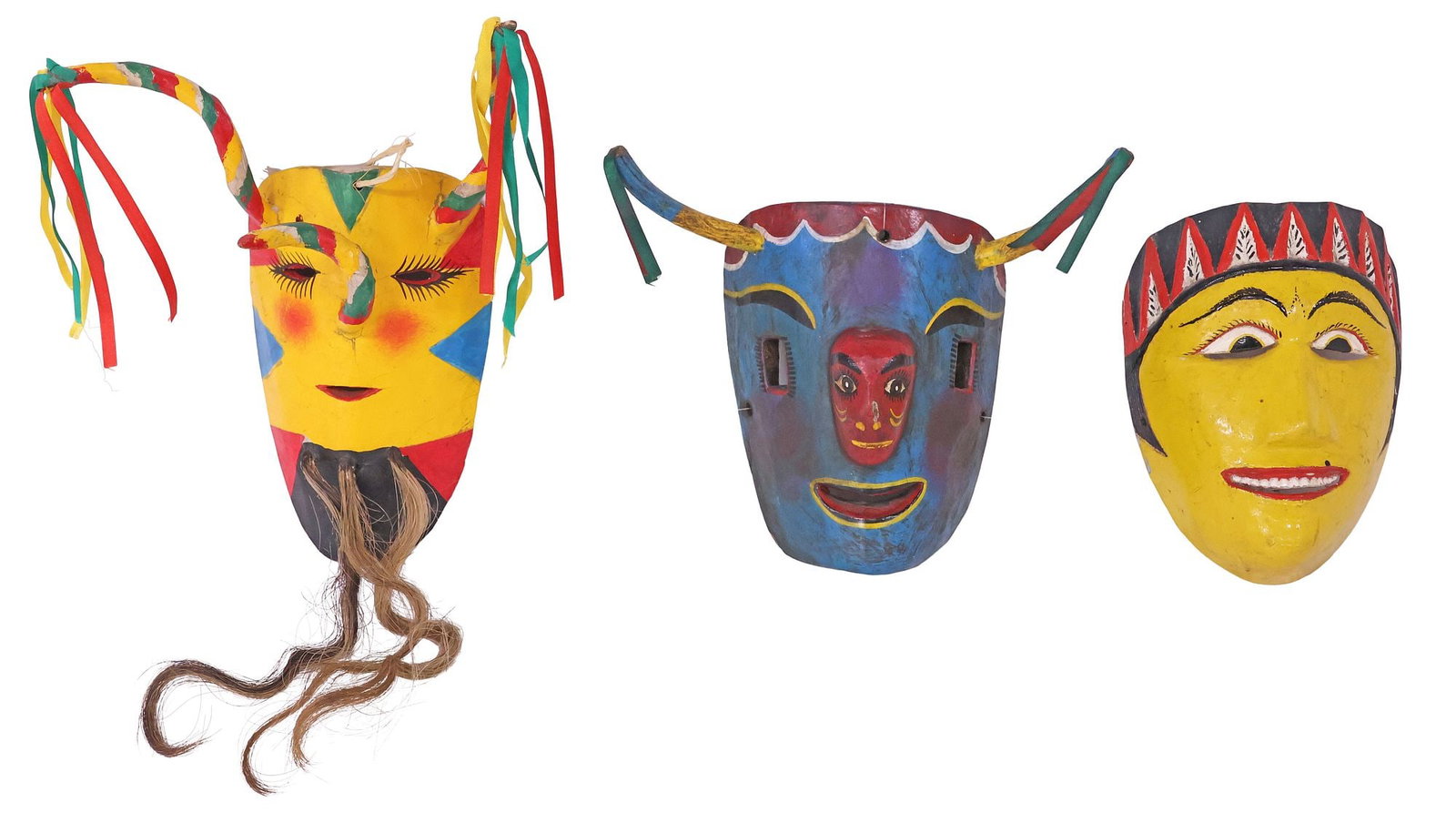 (3) MEXICO FOLK ART CARVED & PAINTED FIGURAL DANCE MASKS: (lot of 3) Folk art carved and polychrome-painted dance masks, Guerrero, Mexico, mid 20th c., including: (1) with striped horns and applied hair at chin, (1) blue mask with central protruding head, (1