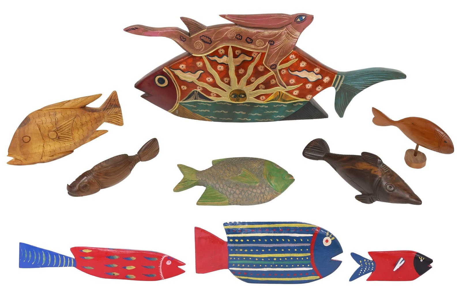 (9) FOLK ART CARVED & PAINTED FISH SCULPTURES, 3 BY RAFAEL MORLA (DOMINICAN, B.1943): (lot of 9) Folk art carved wood fish sculptures, including: (3) signed underfoot Rafael Morla (Dominican, b.1943), dated 1990 and 1991, (two) inscribed "La Romana," (1) with leaping rabbit and rising 