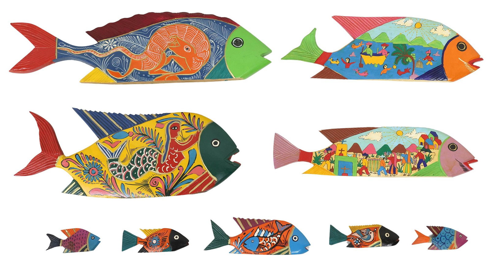(9) MEXICAN FOLK ART POLYCHROME-PAINTED CARVED WOOD FISH SCULPTURES (1 of 7)