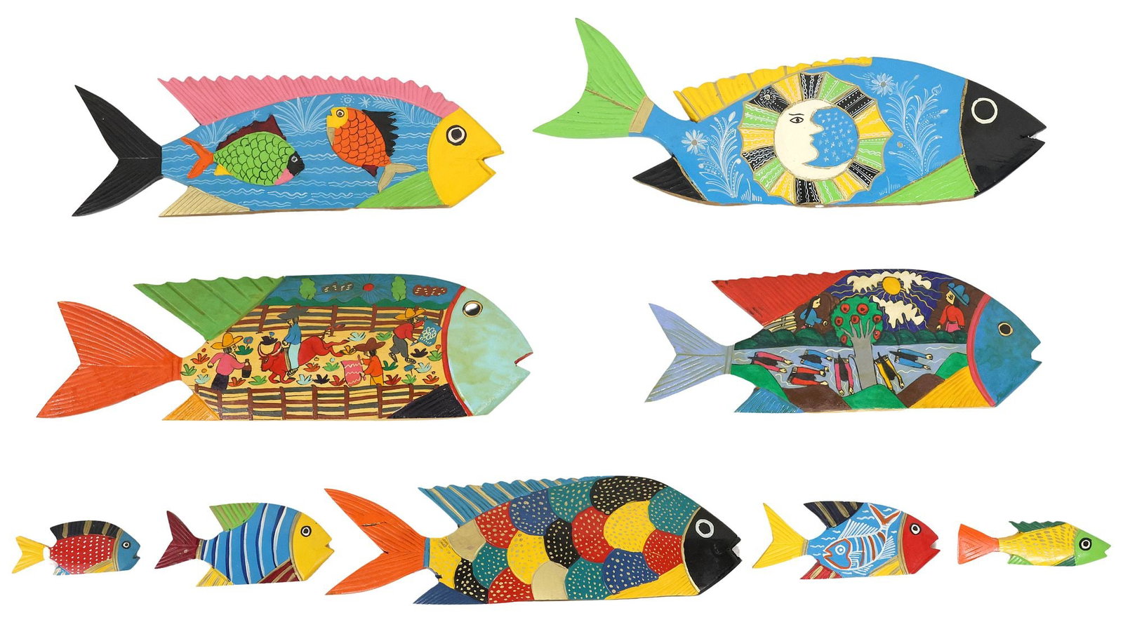 (9) MEXICAN FOLK ART POLYCHROME-PAINTED CARVED WOOD FISH SCULPTURES (1 of 6)
