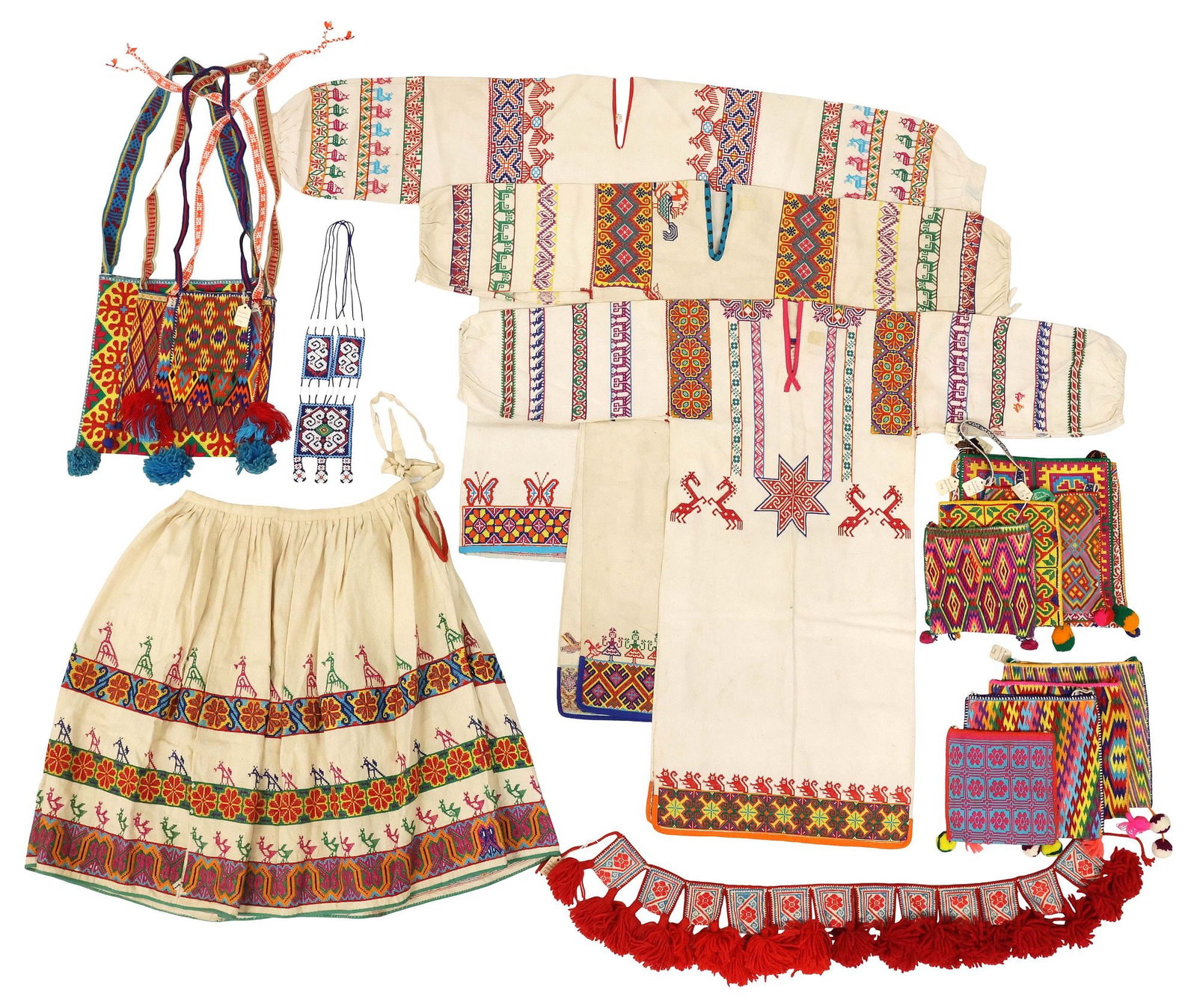 (19) COLLECTION OF HUICHOL EMBROIDERED GARMENTS & ACCESSORIES: (lot of 18) Huichol polychrome-embroidered and cross-stitched clothing and accessories, overall with typical light spotting/ staining, including: (3) tunics, largest: approx 34"l, shoulders: approx 17