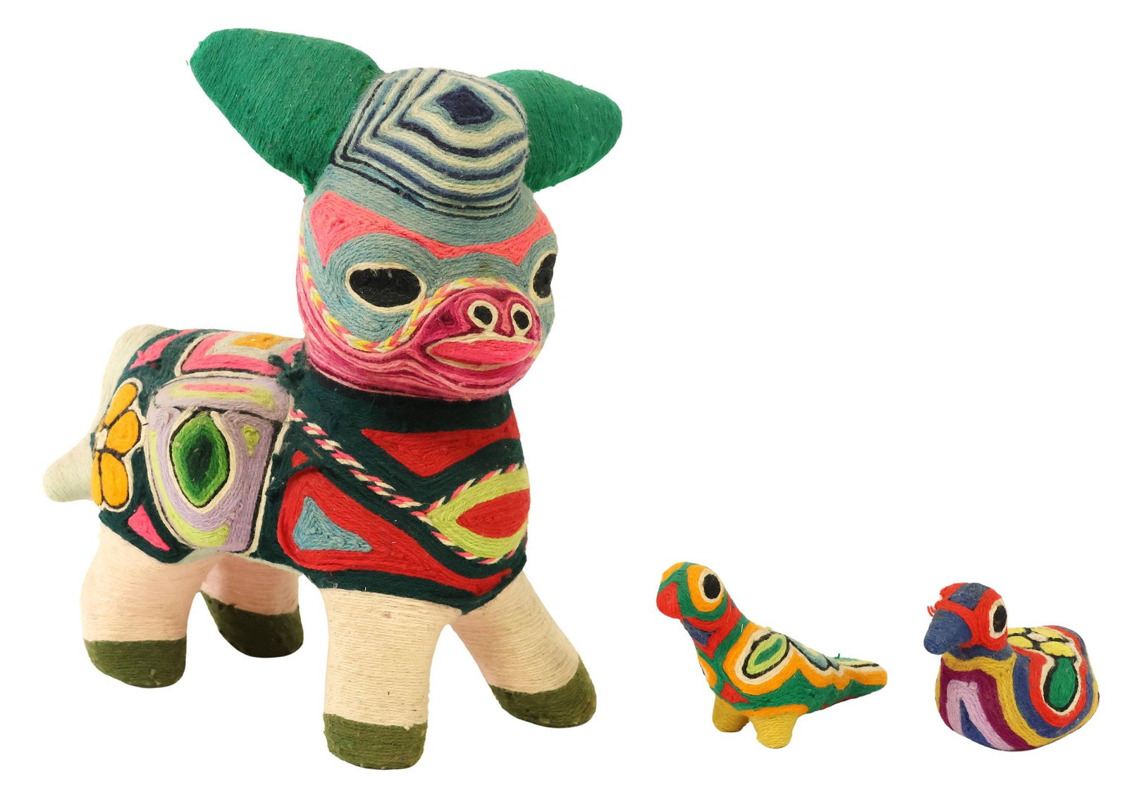 (3) HUICHOL INDIAN YARN PAINTING ANIMAL SCULPTURES, DONKEY & BIRDS: (lot of 3) Huichol Indian folk art yarn-painted animal figures, including: (1) donkey, approx 13"h, 11"w, 9"d; (2) birds, largest: approx 3.75"h, 6.5"w, 2.25"d; 6.25lbs total