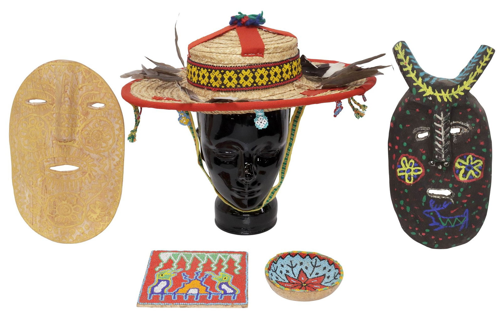 (5) FOLK ART CARVED DANCE MASKS, HUICHOL INDIAN SHAMAN HAT & BEADED ITEMS (1 of 9)