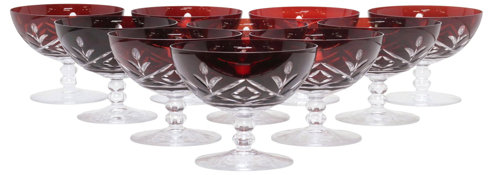 (10) RUBY CUT-TO-CLEAR RUBY SHORT CHAMPAGNE COUPES: (lot of 10) Ruby cut-to-clear short champagne coupes, foliate motif, approx 3.25"h, 4"diam, 3.5lbs total **Provenance: The collection of retired United States Navy Admiral Bobby Ray Inman (American, b
