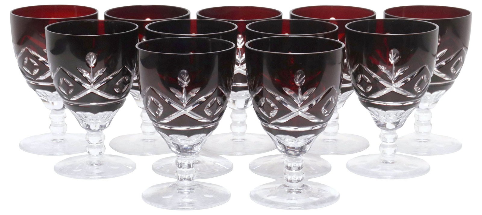 (11) RUBY CUT-TO-CLEAR FOLIATE DECORATED CORDIAL GLASSES: (lot of 11) Ruby cut-to-clear cordial/ liqueur glasses, approx 3.75"h, 2.25"diam, 2.5lbs total **Provenance: The collection of retired United States Navy Admiral Bobby Ray Inman (American, b.1931), fo