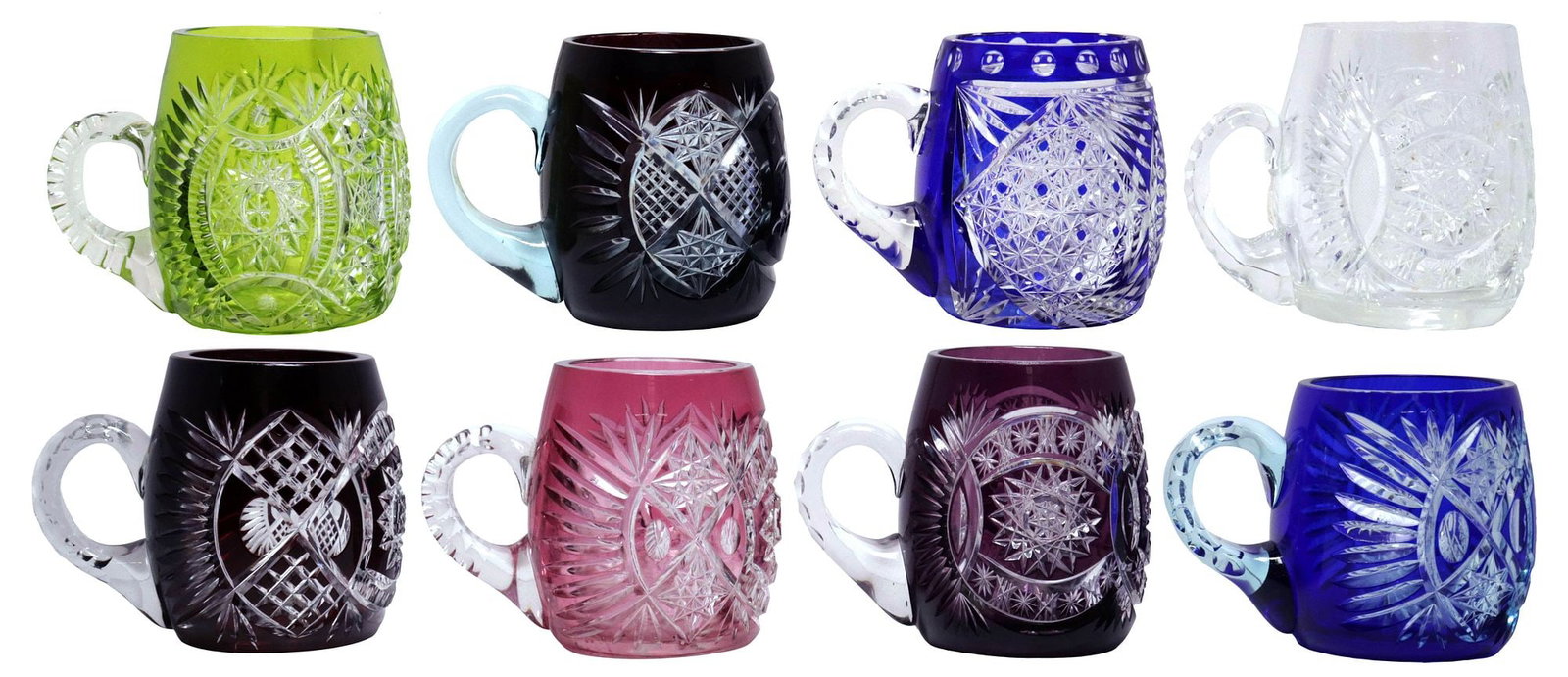 (8) BOHEMIAN STYLE COLORED CUT-TO-CLEAR MUGS / BEER STEINS: (lot of 8) Colored cut-to-clear crystal mugs/ beer steins, possibly Bohemian, each with geometric motifs, approx 5"h, 5.5"w, 4"d, 13.5lbs total **Provenance: The collection of retired United States Na