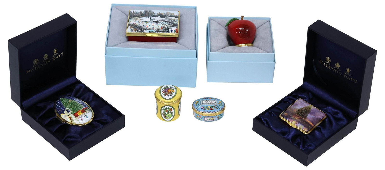 (6) HALCYON DAYS ENAMELED TRINKET BOXES, 3 LIMITED EDITION: (6) Collection of enameled trinket boxes, Halcyon Days, four housed in original box, including: (3) made exclusively for Scully & Scully, (one) "Skating in Central Park," numbered 404/500, (1)