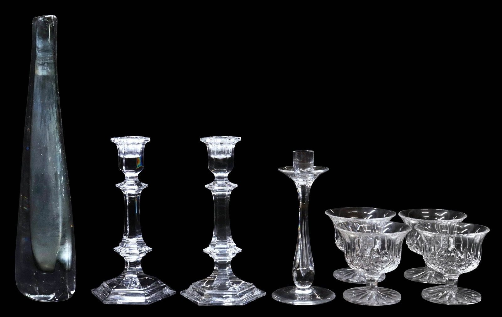 (8) MID-CENTURY NILS LANDBERG 'SOMMERSO' VASE, BACCARAT & WATERFORD TABLE ARTICLES: (lot of 8) Collection of glass table items, each with makers mark underfoot, including: (1) mid-century cased glass "Sommerso" vase, Nils Landberg (Swedish, 1907-1991) for Orrefors, incised NL