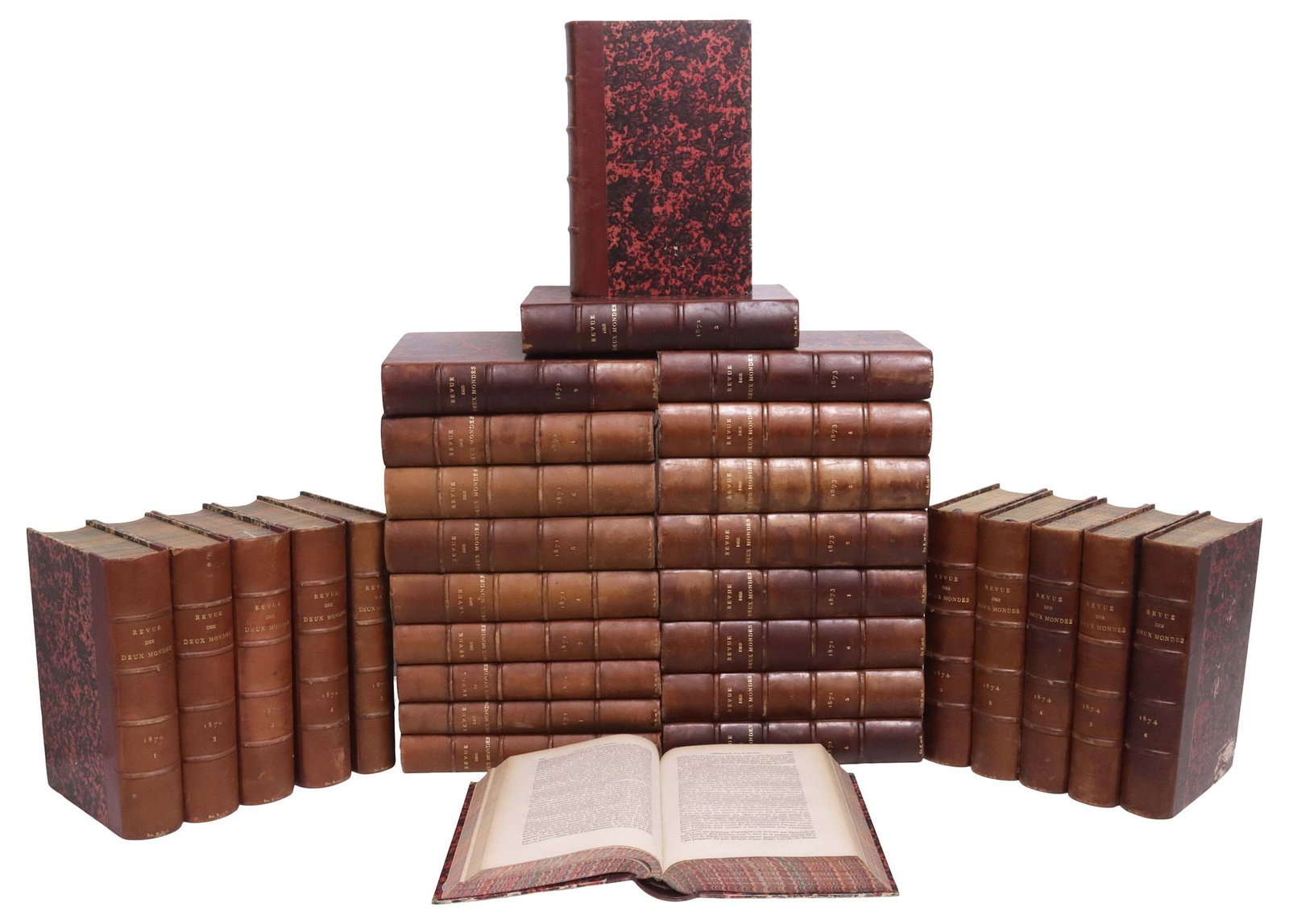 (30) FRENCH LEATHER-BOUND LIBRARY SHELF BOOKS, 'DEUX MONDES' PERIODICALS: (lot of 30) French library shelf books, "Revue des Deux Mondes (Review of the Two Worlds)," a periodical magazine published by Bureau de la Revue des Deux Mondes, Paris, all with gilt-embossed tan lea