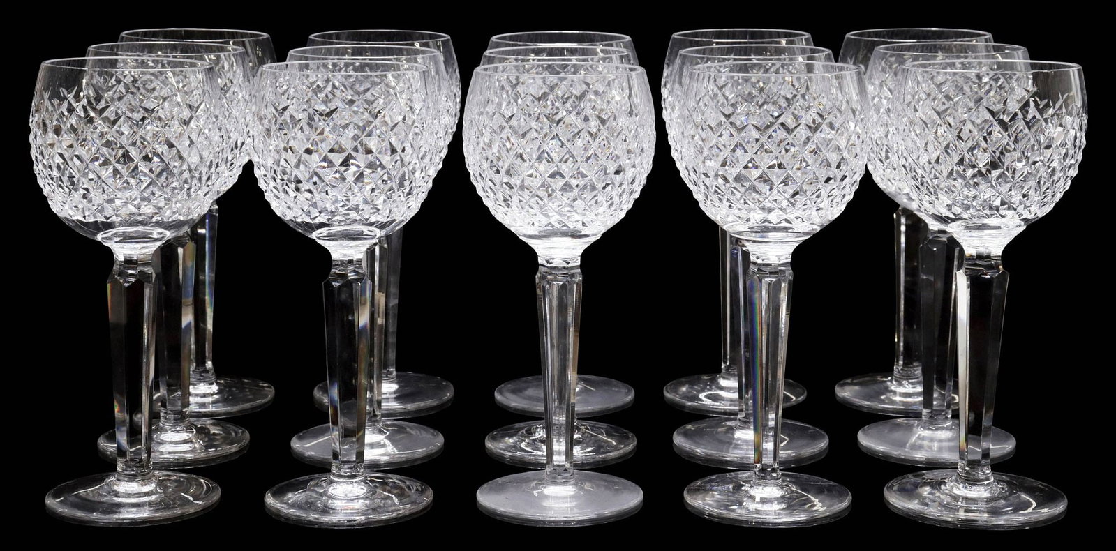 (15) WATERFORD 'ALANA' CUT CRYSTAL HOCK WINE GLASSES: (lot of 15) Waterford cut crystal hock wine glasses, in the "Alana" pattern, multi-sided stem, each with acid-etched mark underfoot, approx 7 3/8"h, 3"diam, 11.5lbs total **Provenance: The collection 