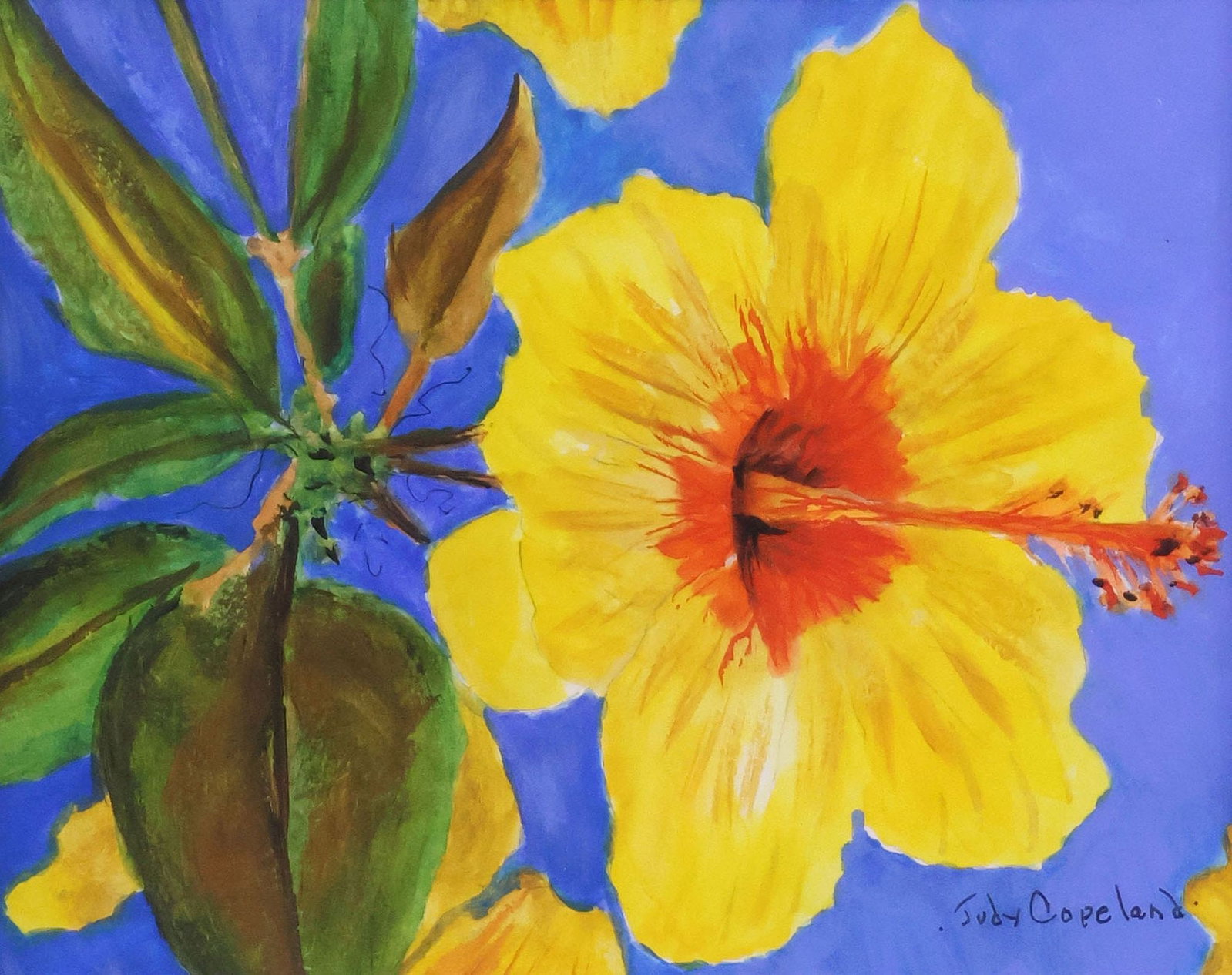 JUDY COPELAND (B.1943) ACRYLIC PAINTING, 'YELLOW HIBISCUS': Framed acrylic on canvas painting, "Yellow Hibiscus," signed lower right Judy Copeland (Louisiana, Texas, b.1943), titled on artist's label verso, sight: approx 7.5"h, 9.5"w, overall: approx 13
