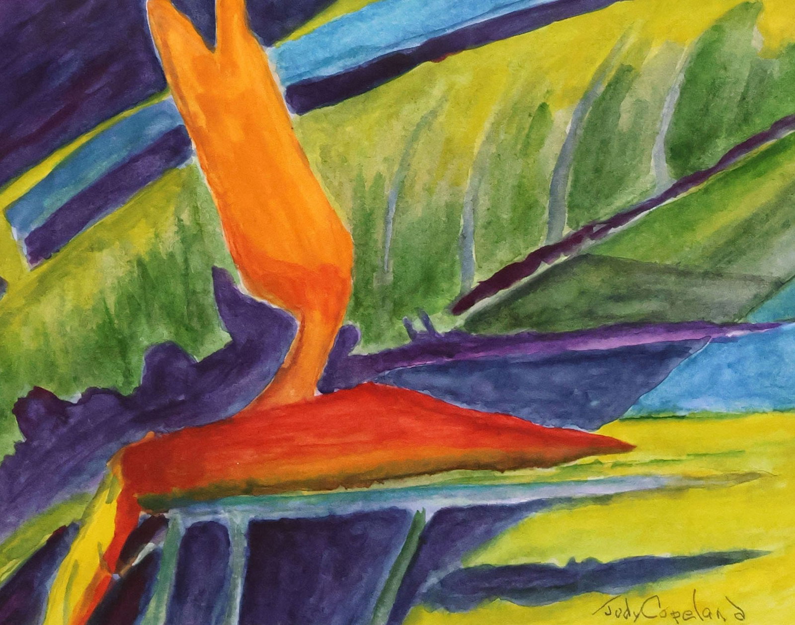 JUDY COPELAND (B.1943) WATERCOLOR PAINTING, 'BIRDS OF PARADISE': Framed watercolor on paper painting, "Birds of Paradise," signed lower right Judy Copeland (Louisiana, Texas, b.1943), titled on artist's label verso, sight: approx 7 3/8"h, 9.5"w, overall: approx 14