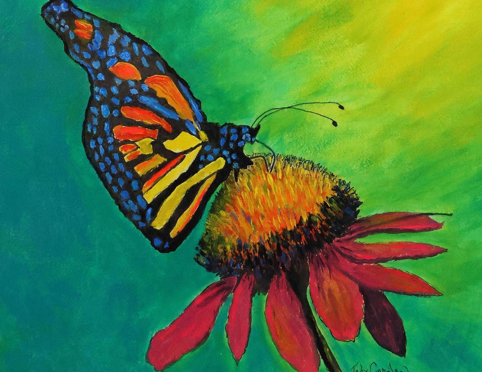 JUDY COPELAND (B.1943) ACRYLIC PAINTING, 'BUTTERFLY WITH CORNFLOWER': Framed acrylic on canvas painting, "Butterfly with Cornflower," signed lower right Judy Copeland (Louisiana, Texas, b.1943), titled on artist's label verso, sight: approx 10.5"h, 13.5"w, overall: