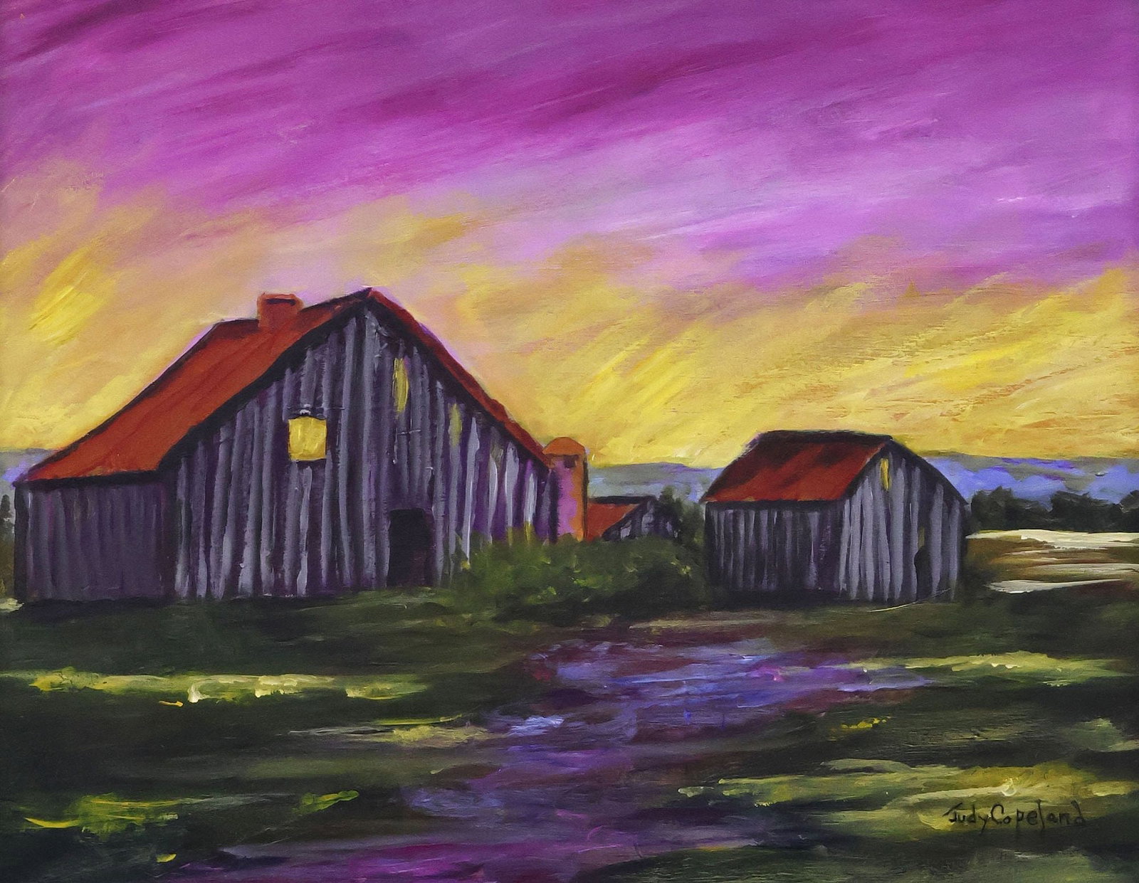 JUDY COPELAND (B.1943) ACRYLIC PAINTING, 'THREE BARNS' (1 of 4)