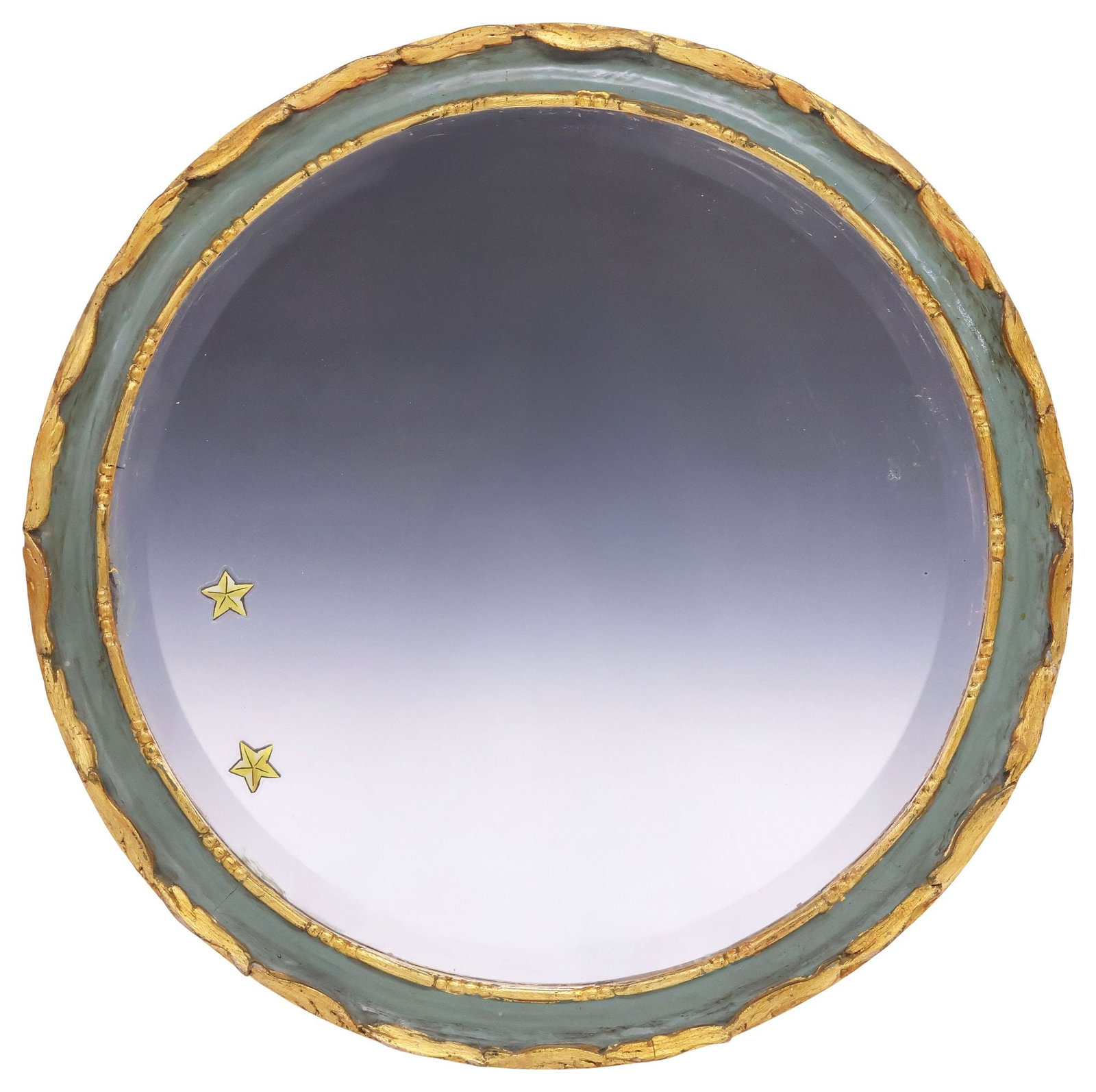 ITALIAN PARCEL-GILT & GREEN-PAINTED CIRCULAR BEVELED MIRROR: Italian parcel-gilt and paint-decorated wall mirror, round frame with beaded trim, encasing beveled mirror plate, approx 24.75"diam, 12lbs