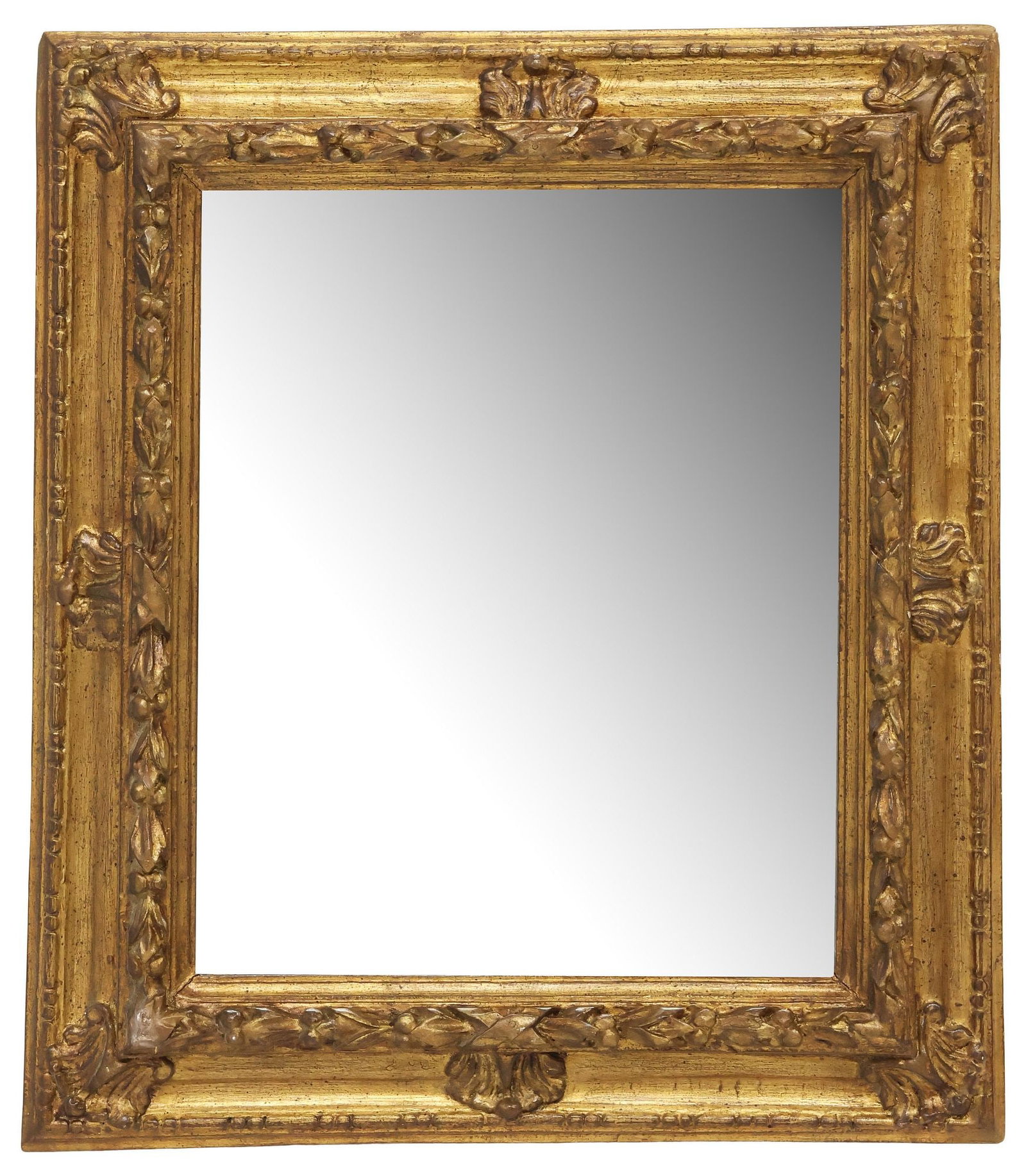 ITALIAN GILT-PAINTED RECTANGULAR PICTURE FRAME MIRROR: Italian gilt-painted picture frame mirror, early 20th c, rectangular frame with molded foliate motifs, encasing flat mirror plate, scattered silver loss to mirror plate, sight: approx 15.25"h, 18.5"w,