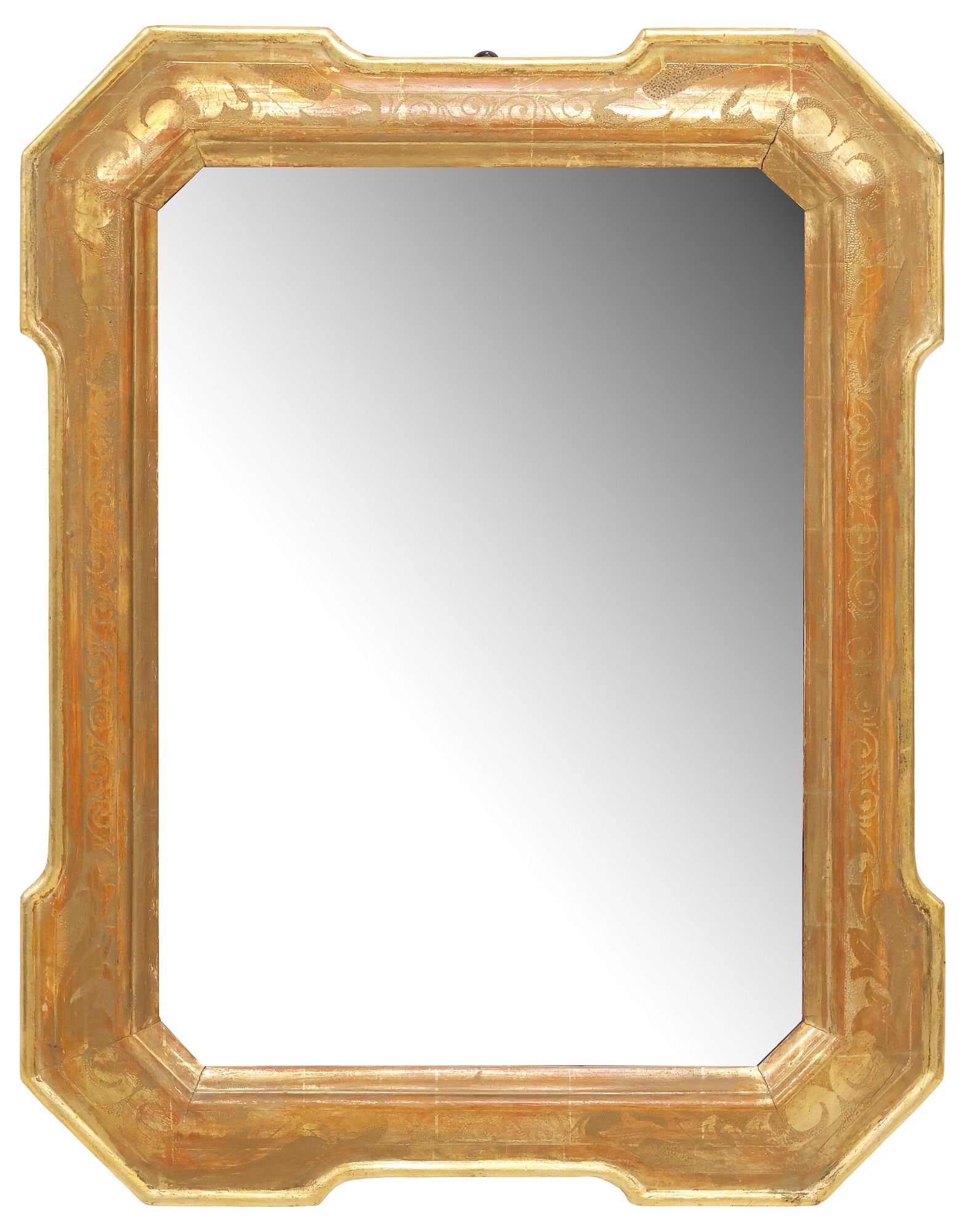 ITALIAN INCISED FOLIATE GILTWOOD WALL MIRROR: Italian giltwood wall mirror, 20th c., shaped frame with incised stippling and scrolling foliates, encasing flat mirror plate, approx 27.25"h, 21.5"w, 10.25lbs