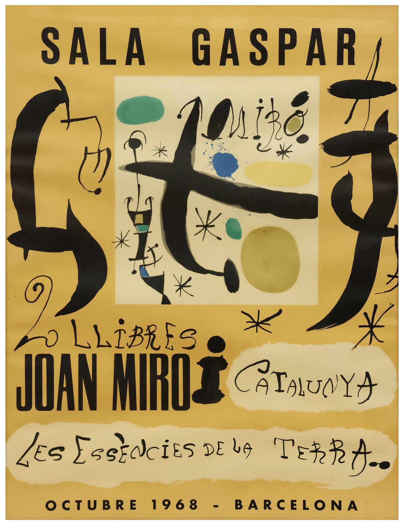 AFTER JOAN MIRO (1893-1983) SALA GASPAR ART EXHIBITION POSTER: Framed lithographic art exhibition poster, Sala Gaspar, Barcelona, Spain, titled "Les Essencies de la Terra (The Essences of the Earth)," held October 1968, after Joan Miro (Spanish,