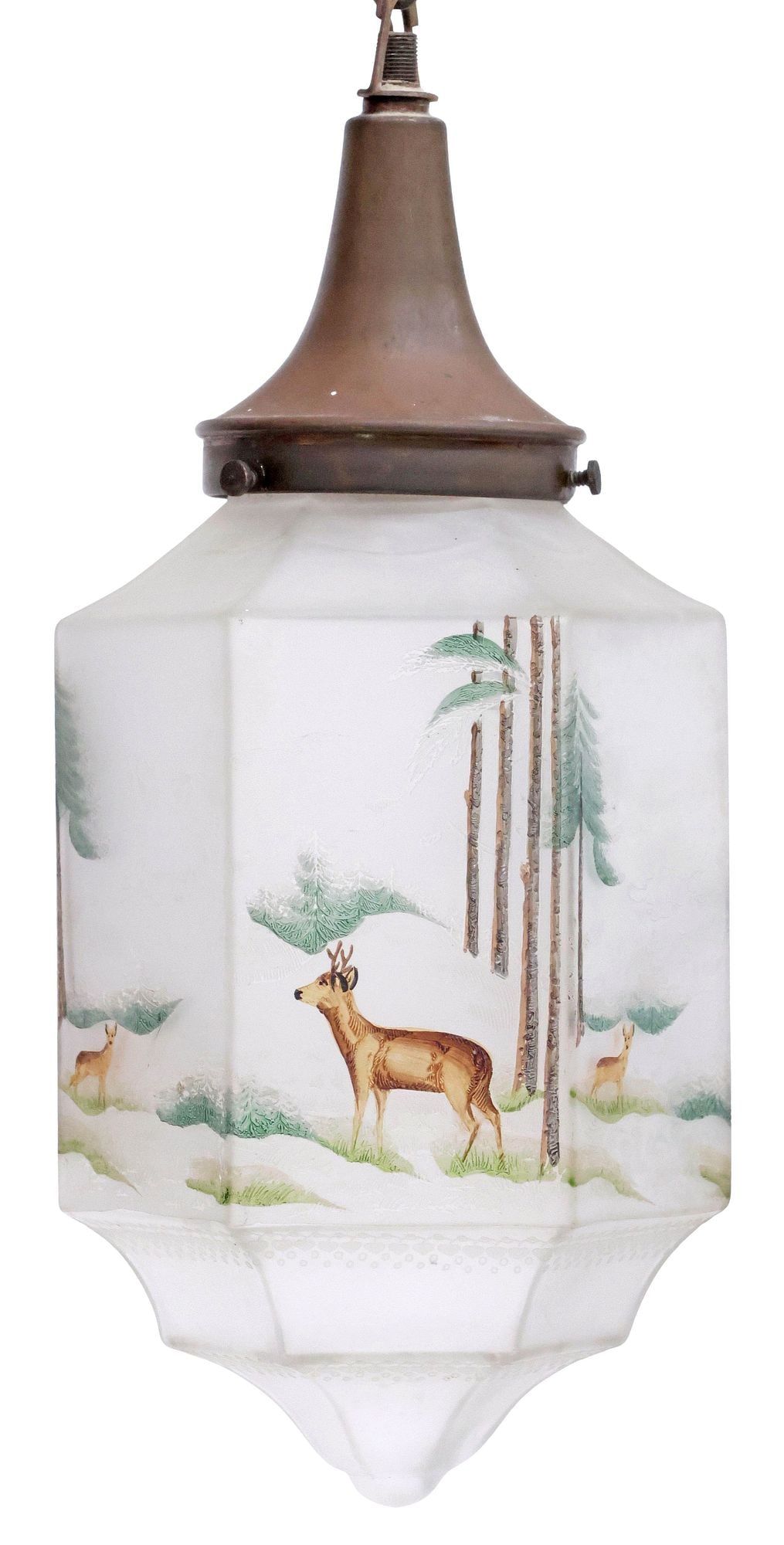 ART DECO ETCHED & PAINTED FROSTED GLASS 1-LIGHT LANTERN: Art Deco frosted glass one-light ceiling light, c.1930s, patinated metal canopy securing hexagonal etched glass shade with painted woodland scene of deer, in need of wiring, approx 14"h, 6.25"w, 5.5"d