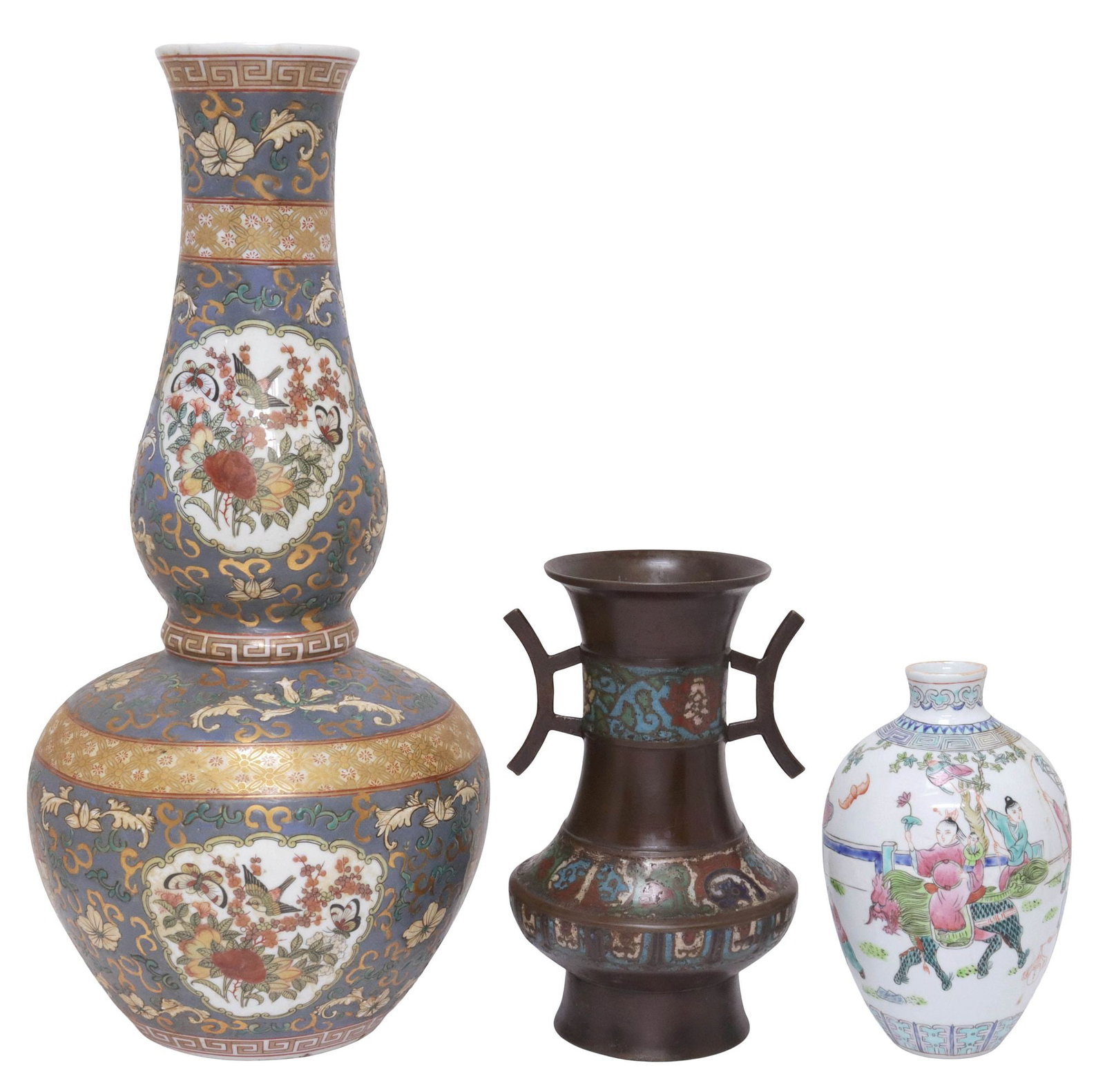 (3) CHINESE FAMILLE ROSE PORCELAIN & JAPANESE ENAMELED BRONZE VASES (1 of 7)