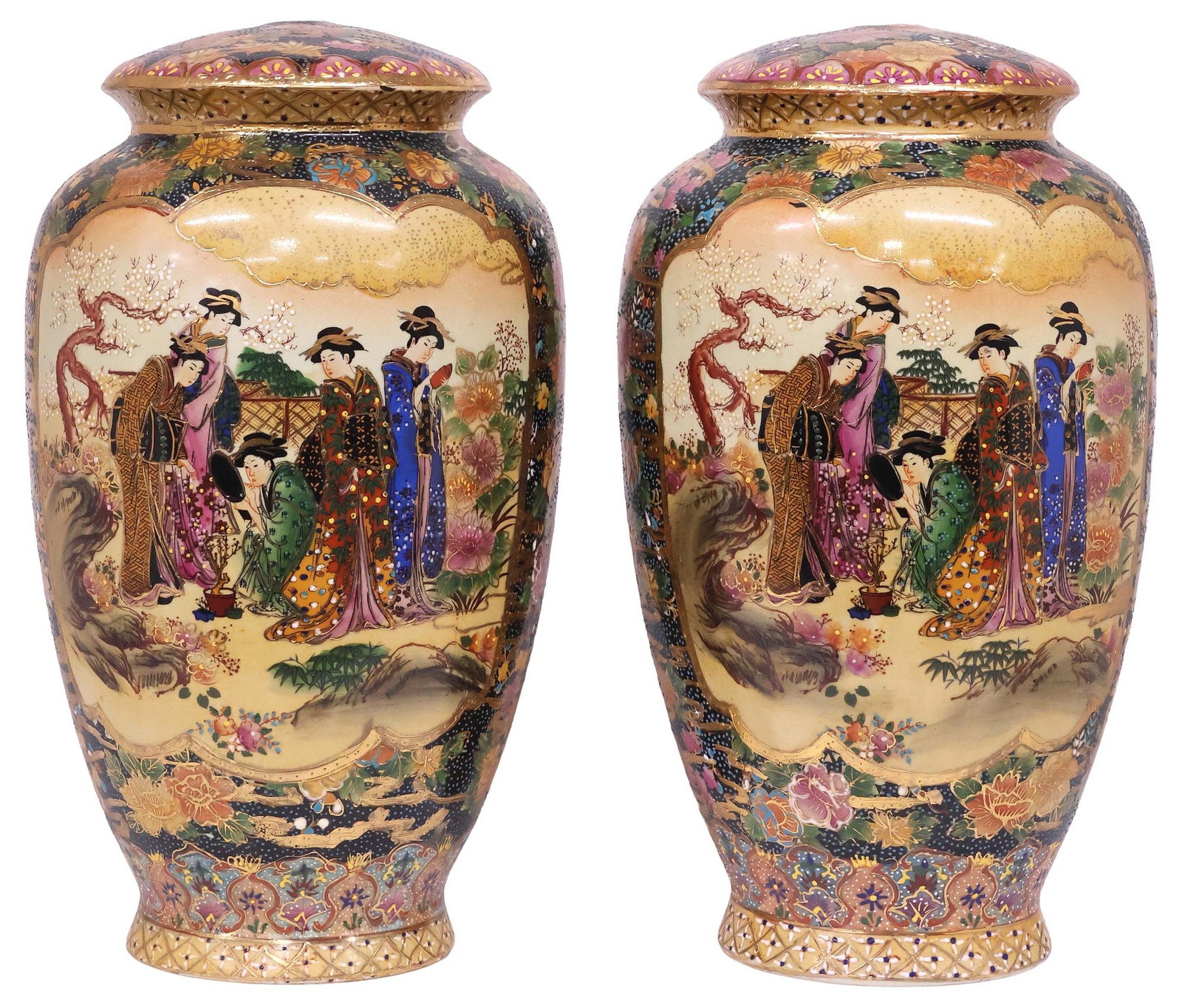 (2) SATSUMA-STYLE POLYCHROME DECORATED COVERED LAMP BASES: (pair) Satsuma-style lamp bases, shaped reserves depicting court ladies in garden settings, surrounded by dense gilt and polychrome floral borders with raised moriage enamel decoration, approx 12.5"h,