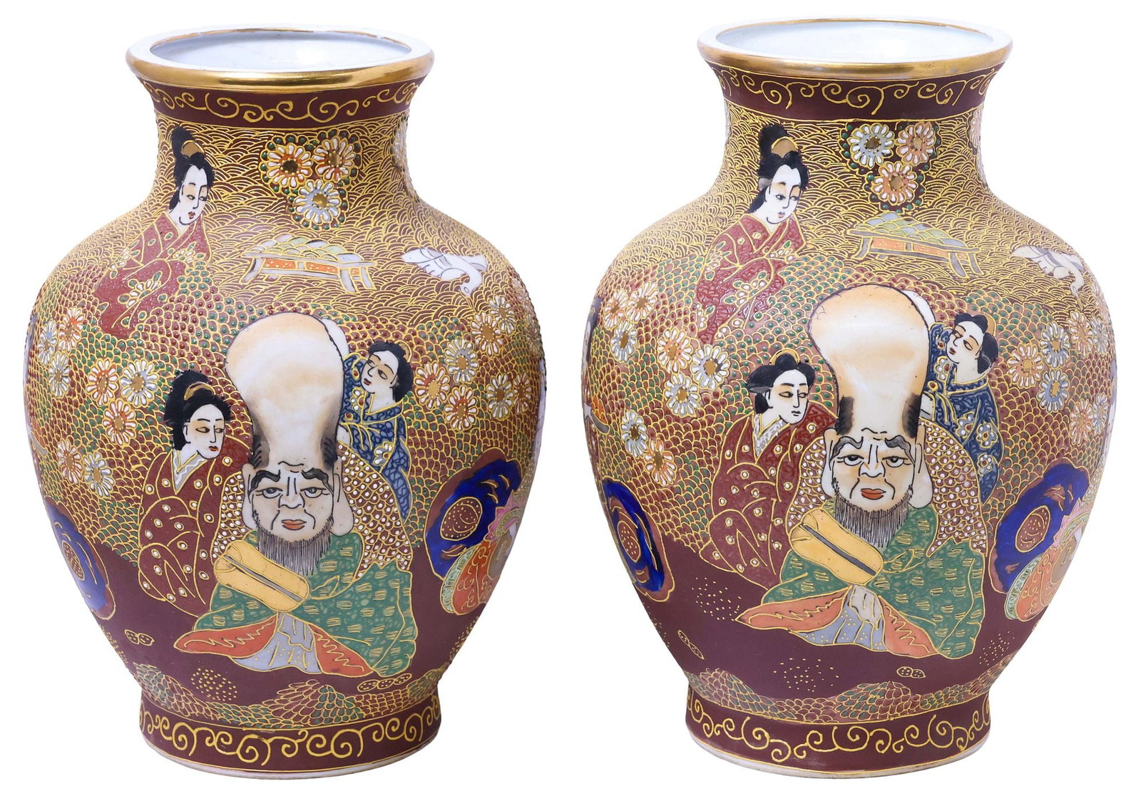 (2) JAPANESE SATSUMA-STYLE ENAMELED PORCELAIN URNS: (pair) Japanese Satsuma style enameled porcelain vases/ urns, with parcel-gilt rim, central scene depicting Fukurokuju, marked underfoot, approx 12"h, 7.75"diam, 12.25lbs total