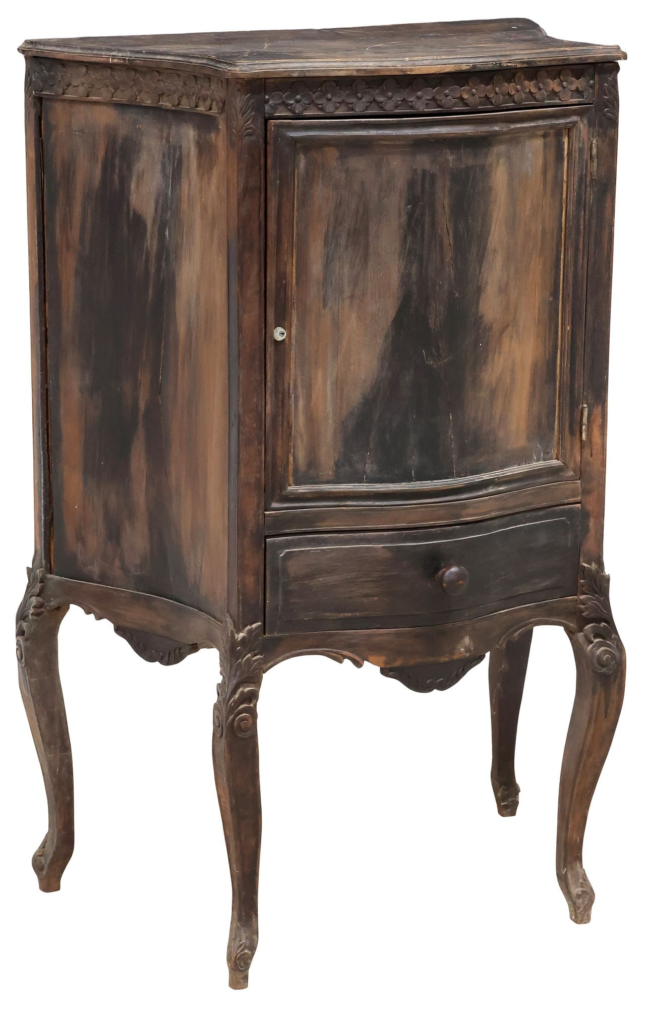 FRENCH LOUIS XV STYLE INTENTIONALLY-DISTRESSED SIDE CABINET: French Provincial Louis XV style side cabinet, 19th c., in an intentionally-distressed finish, having shaped top with carved floral frieze, above conforming case fitted with single drawer and cabinet 