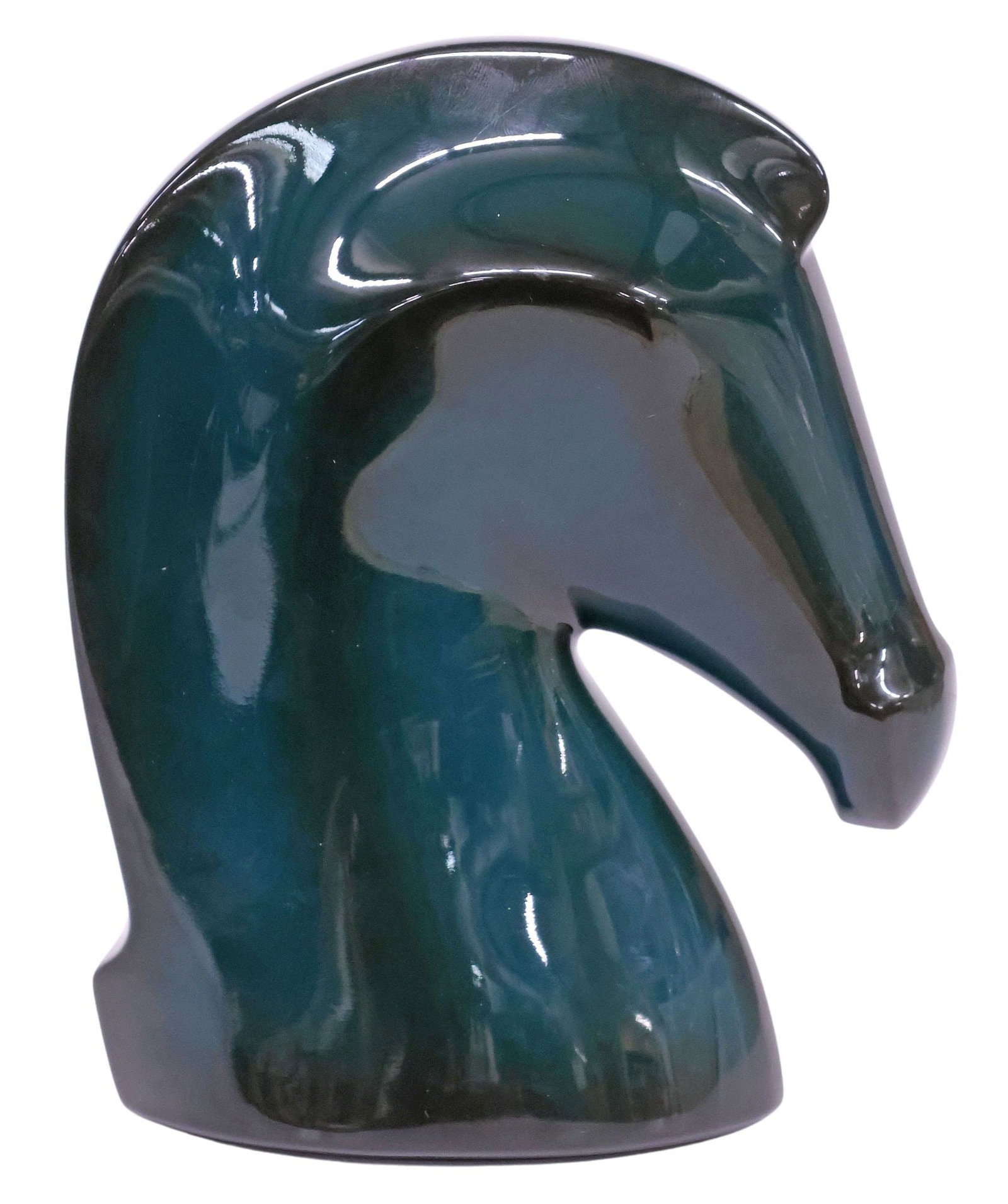 DESIGNER HERMES 'SAMARCANDE' LACQUERED HORSE PAPERWEIGHT: Designer Hermes lacquered wood "Samarcande" paperweight, modeled as a horse head, in the "Vert Cypres" colorway, the underside lined in tan bridle leather with stamped maker's marks, 6.5"h, 2.25"w, 5.