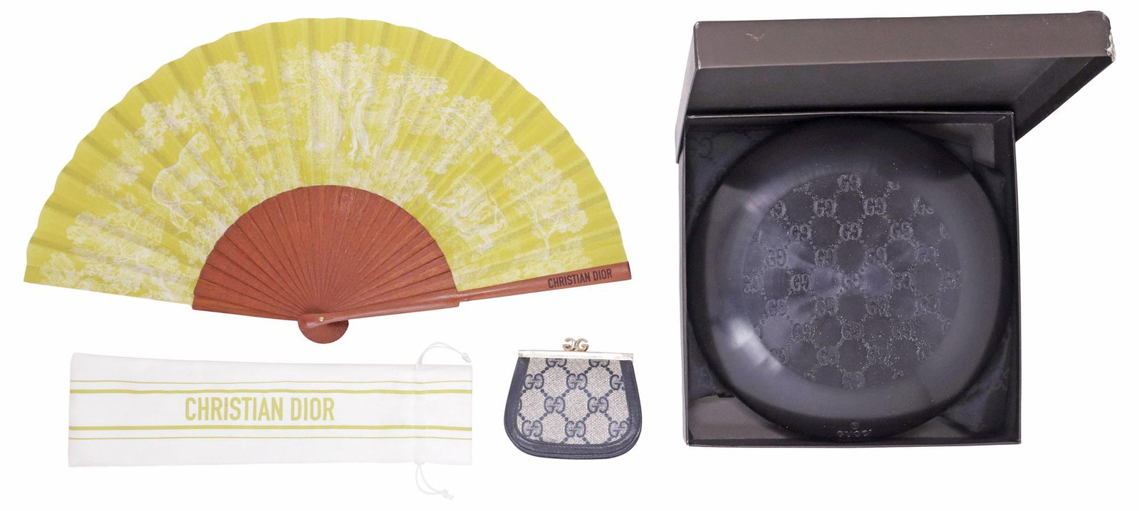 (3) DESIGNER ACCESSORIES, GUCCI COIN PURSE & FRISBEE, CHRISTIAN DIOR FAN: (lot of 3) Designer accessories and sports equipment, including: (1) Gucci black plastic frisbee, with embossed GG monogram design, accompanied by branded dust cover and worn box, frisbee: approx 8 5/