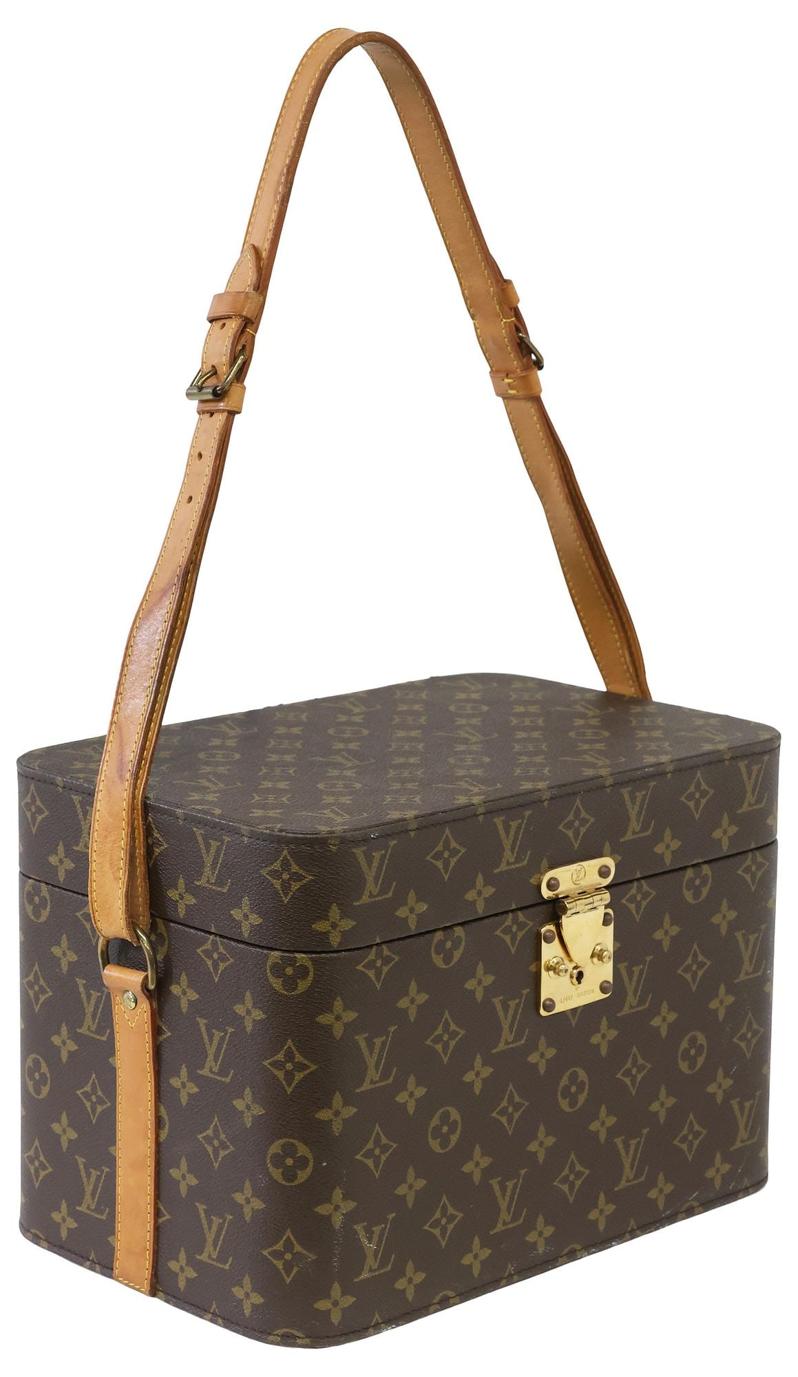 LOUIS VUITTON MONOGRAM CANVAS TRAVEL TRAIN CASE W/ MIRROR: Louis Vuitton travel train case, date code 0921 (September 2021), in coated monogram canvas, with adjustable leather shoulder strap, gilt metal lockplate marked Louis Vuitton, Made in France, a leathe