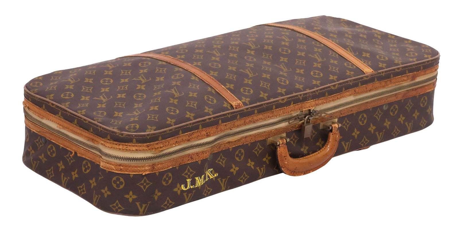 VINTAGE LOUIS VUITTON MONOGRAM CANVAS TENNIS CASE, 1960S/1970S: Vintage Louis Vuitton tennis case, c. 1960's/70's, monogrammed J.M.K, pre-date code, in brown coated monogram canvas, with vachetta leather trim, patinated metal hardware, rolled handle, dual-sided zi