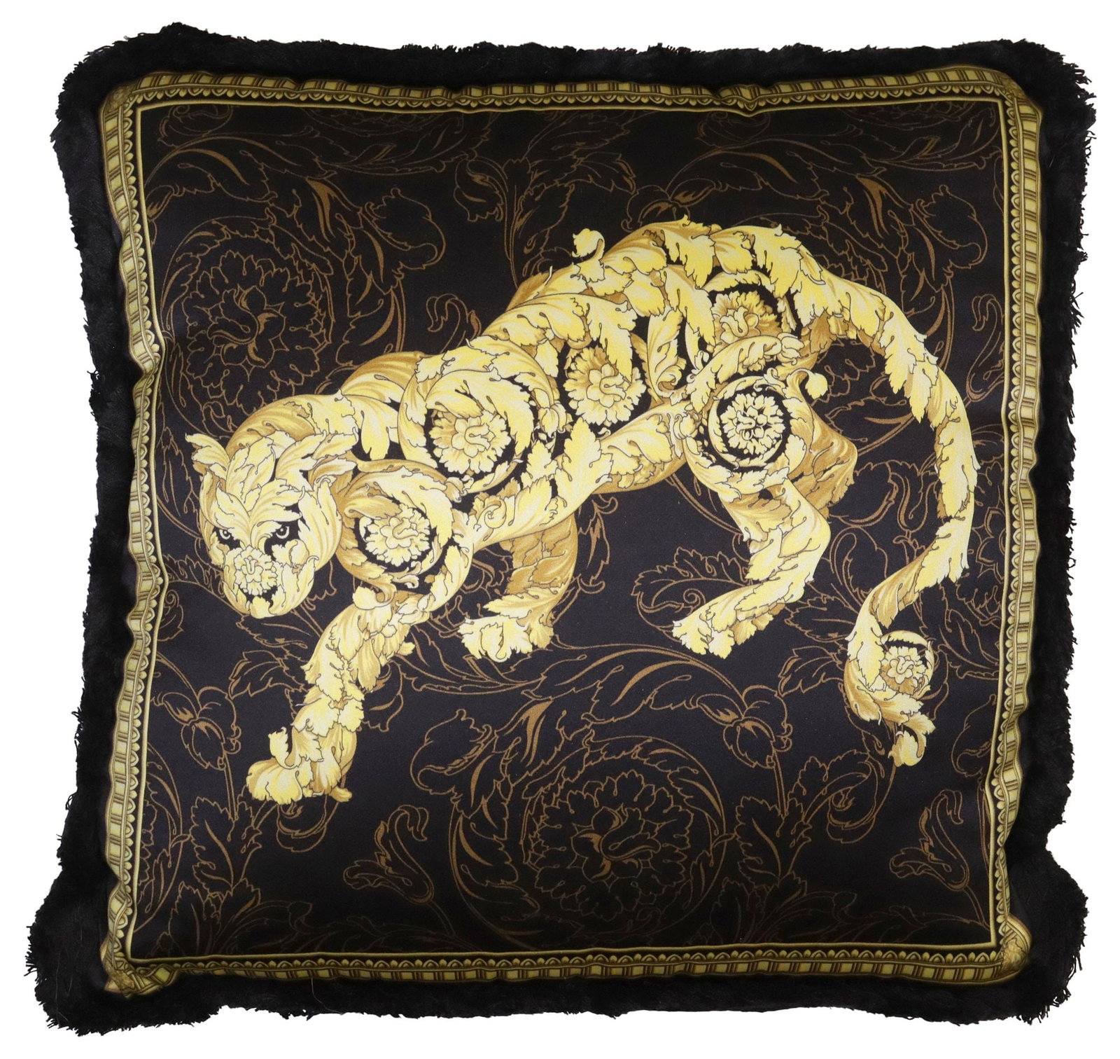 DESIGNER VERSACE HOME SILK & FRINGE LION THROW PILLOW / CUSHION: Designer silk throw pillow, Versace Home, with gold lion and foliate scrollwork on black ground, architectural border and fringed trim, zippered opening, retaining maker's and retailer's tag at interi