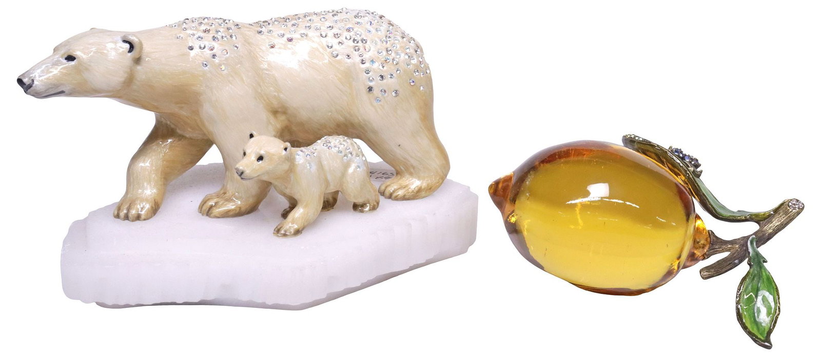 (2) JAY STRONGWATER SWAROVSKI CRYSTAL POLAR BEAR FIGURE & GLASS FRUIT ORNAMENT: (lot of 2) Jay Strongwater jeweled and enameled sculptures, each embellished with Swarovski crystals, impressed maker's mark underfoot, including: (1) modeled as a polar bear with cub, standing atop a