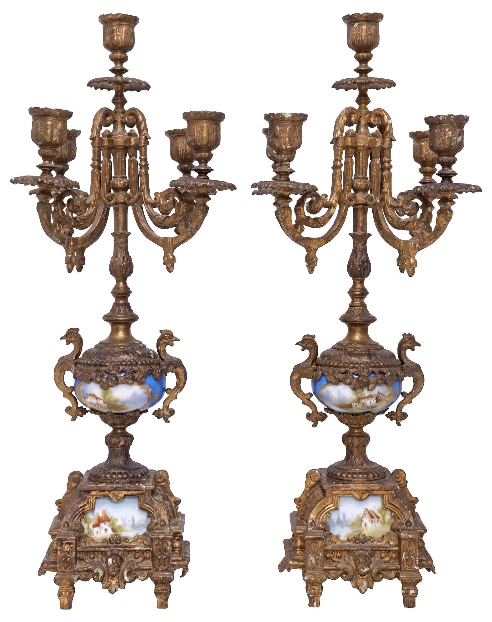 (2) FRENCH SEVRES STYLE PORCELAIN & GILT METAL 5-LIGHT CANDELABRA: (pair) French Sevres style gilt-metal and porcelain five-light candelabra, 19th c., each having urn-form standard with figural winged bird handles, issuing scrolled arms and vasiform bobeches, rising 