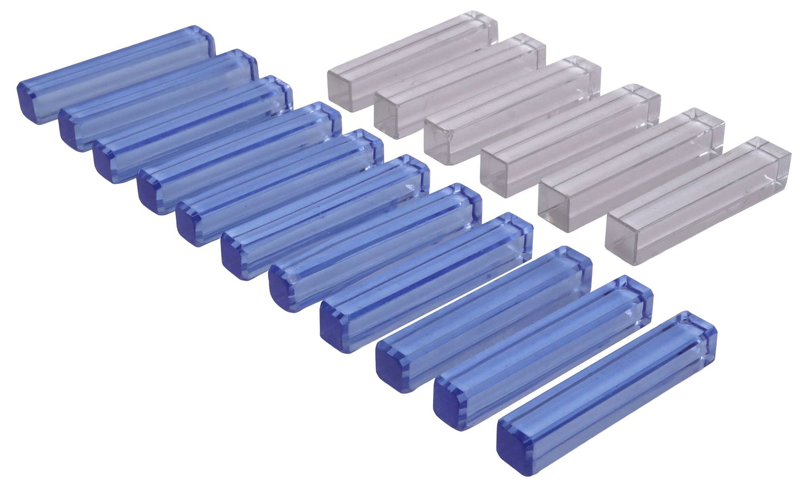 (17) FRENCH KNIFE RESTS, BACCARAT 'VEGA' & OTHER BLUE CRYSTAL: (lot of 17) French crystal knife rests, 20th c., including: (6) Baccarat, in the "Vega" pattern, each with acid-etched maker's mark at end, approx 3 1/8"l; (11) other blue crystal rests, unmarked, app