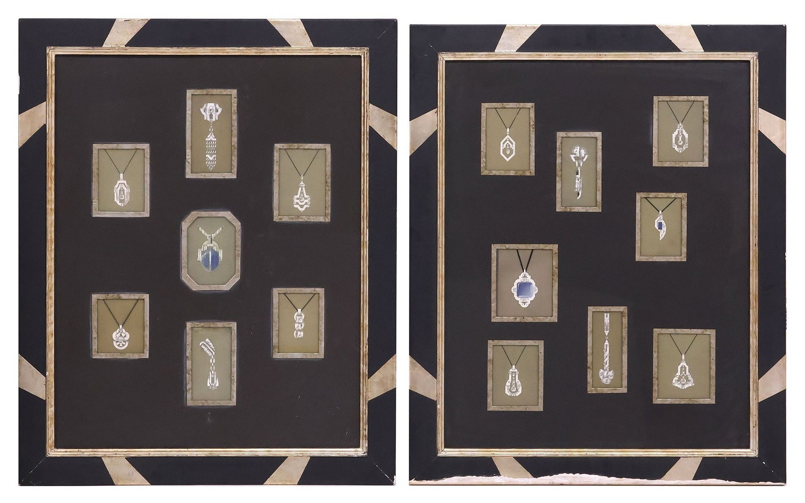 (2) ART DECO GOUACHE CONCEPT ILLUSTRATIONS OF 14 JEWELRY DESIGNS: (lot of 2) Framed gouache jewelry rendering paintings, c.1930s, likely on tracing paper, varied Art Deco designs in white and gray color palette, including brooches, pendant necklaces, and earrings, s