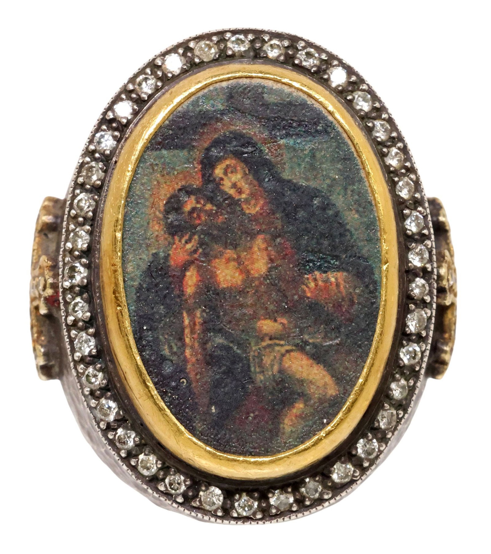 ESTATE HAMMERED SILVER & GOLD-PLATED DIAMOND RING WITH RELIGIOUS ICON PLAQUE (1 of 5)