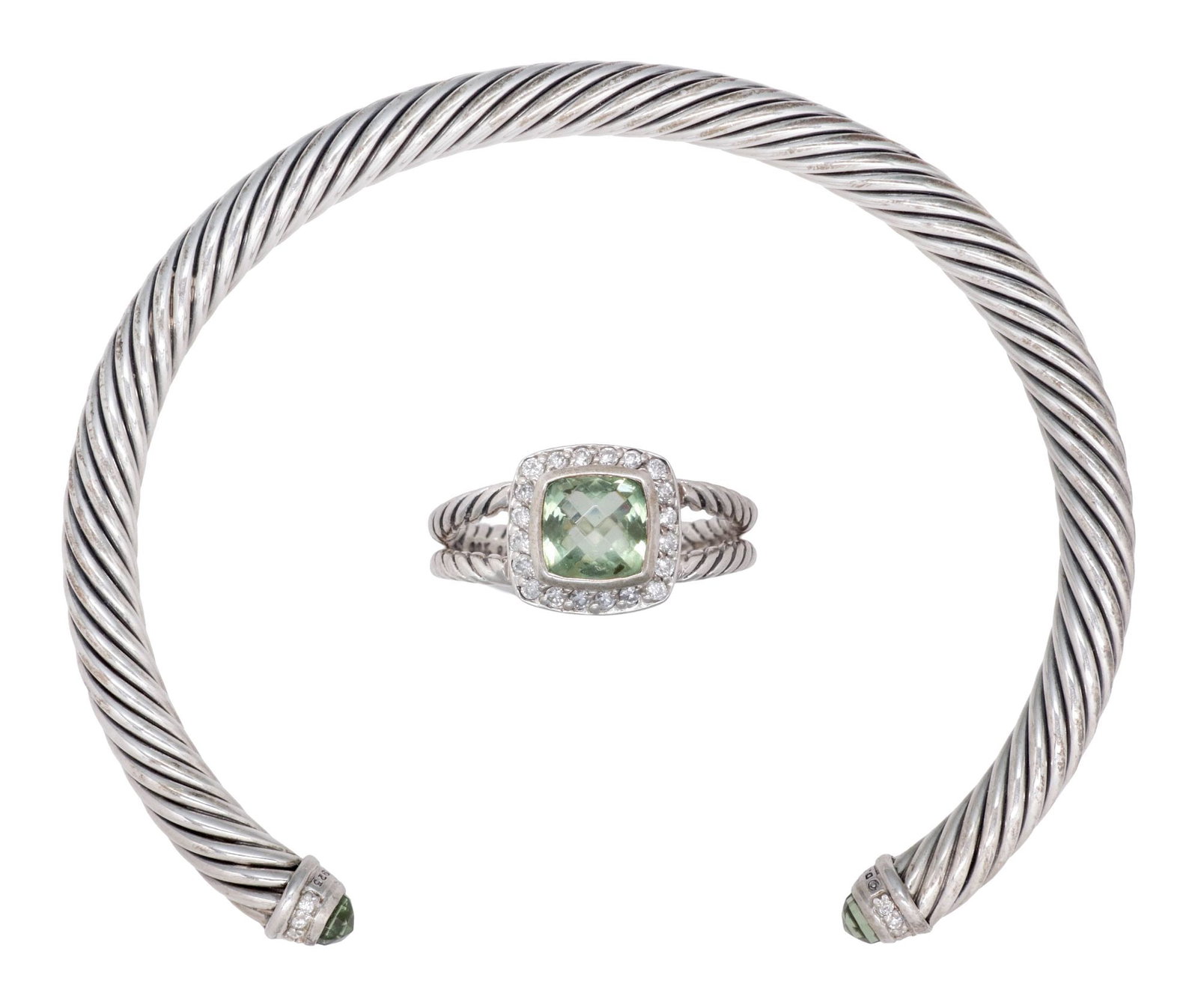 (2) DAVID YURMAN STERLING, DIAMOND, & PRASIOLITE CABLE BRACELET & RING (1 of 12)