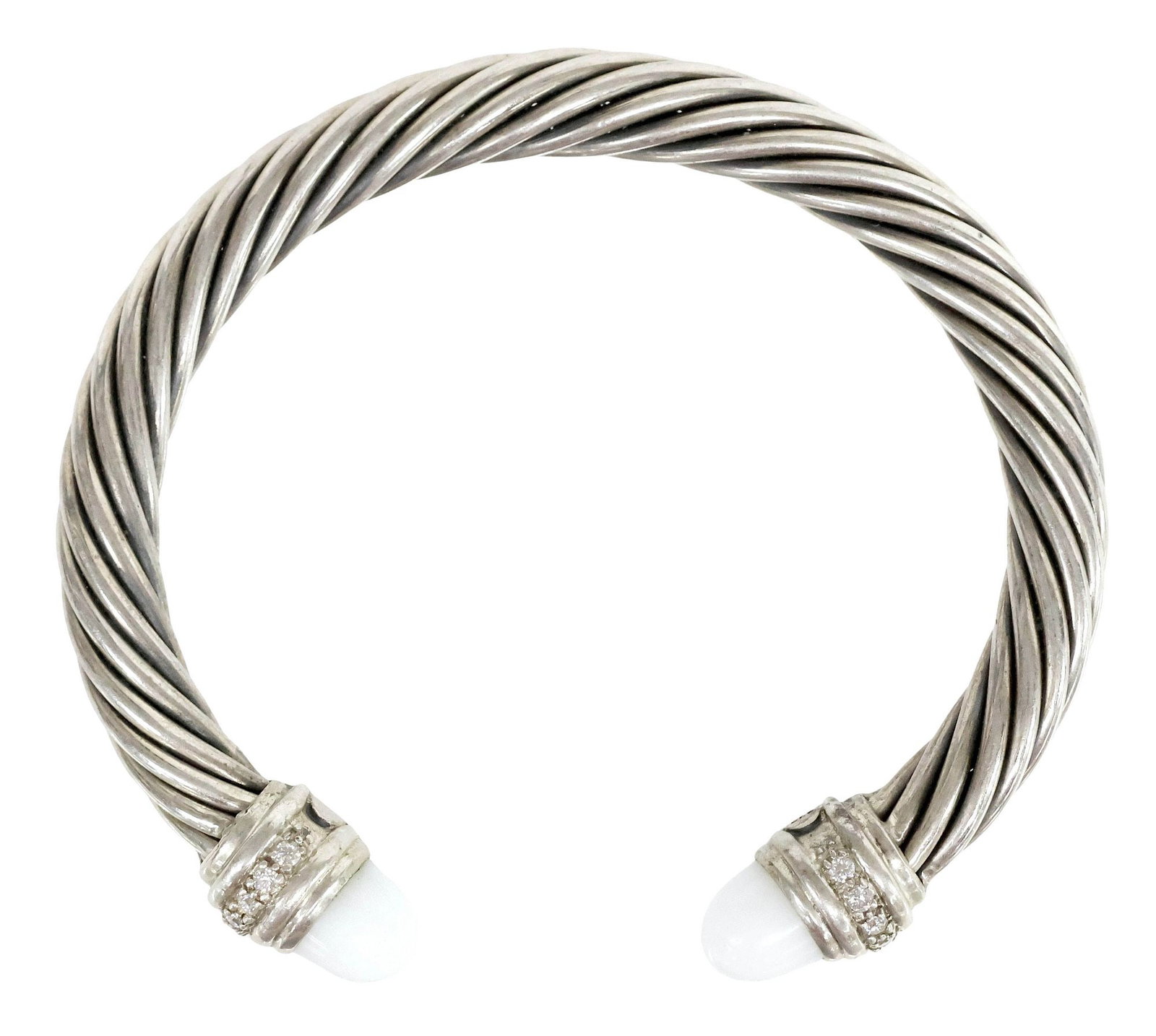 DAVID YURMAN STERLING, DIAMOND, & CHALCEDONY CABLE BRACELET: Estate sterling silver 7mm classic cable bracelet, David Yurman, white chalcedony terminals, and (sixteen) small diamonds, marked DY 925, accompanied by branded suede jewelry pouch, interior: approx 6