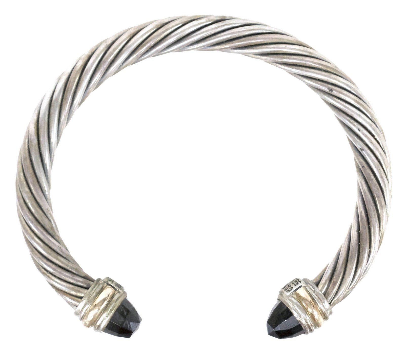 DAVID YURMAN 14K GOLD, STERLING, & BLACK ONYX CABLE BRACELET: Estate sterling silver with 14kt yellow gold 7mm classic cable bracelet, David Yurman, with faceted black onyx terminals, hallmarked 925 and 585, accompanied by branded suede jewelry pouch, interior: 