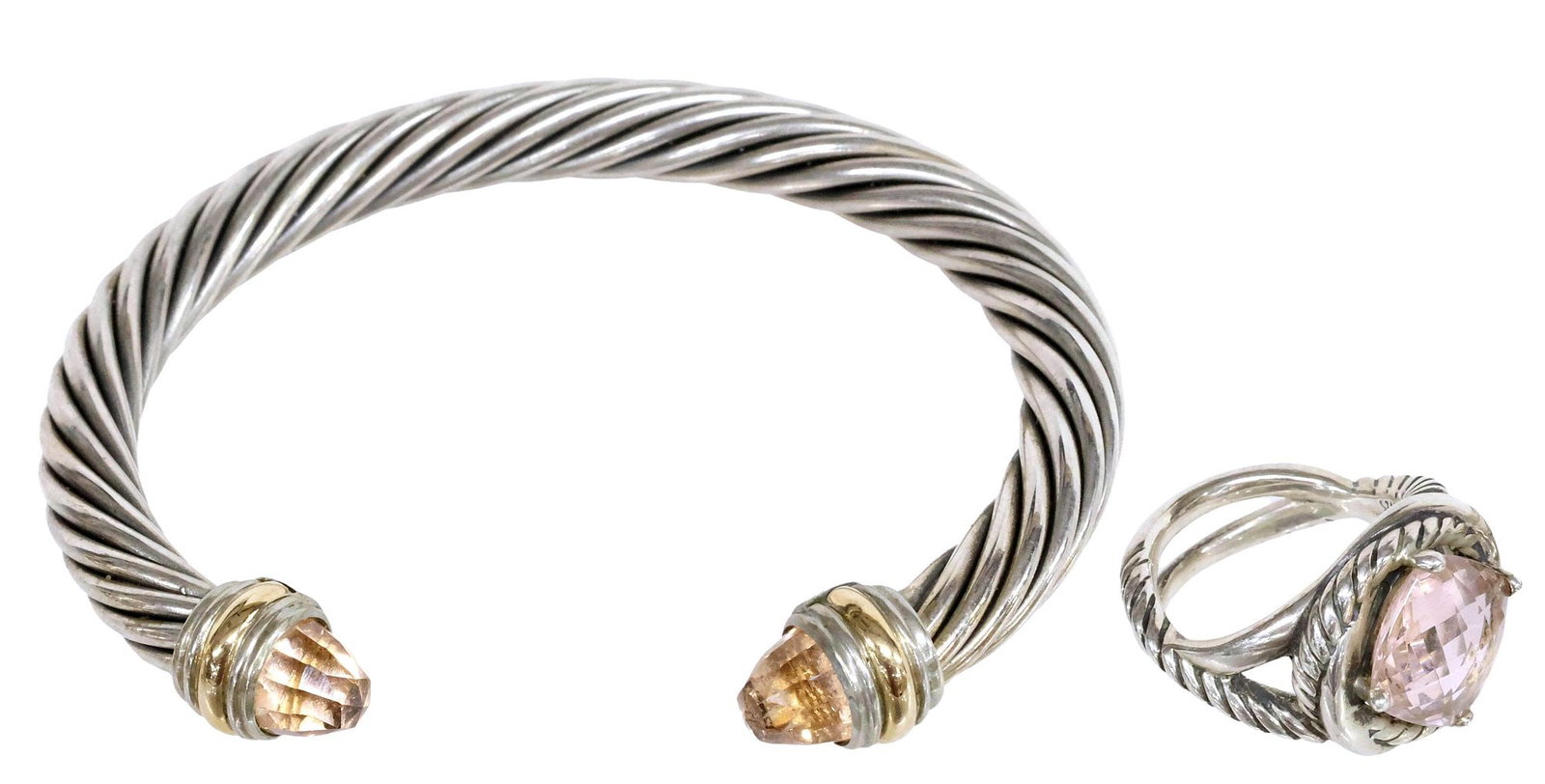 (2) DAVID YURMAN STERLING & MORGANITE CABLE BRACELET & INFINITY RING: (lot of 2) Estate sterling silver and morganite jewelry, David Yurman, each hallmarked 925, including: (1) classic 7mm cable bracelet, with 14kt yellow gold banding and gemstone terminals, interior: a
