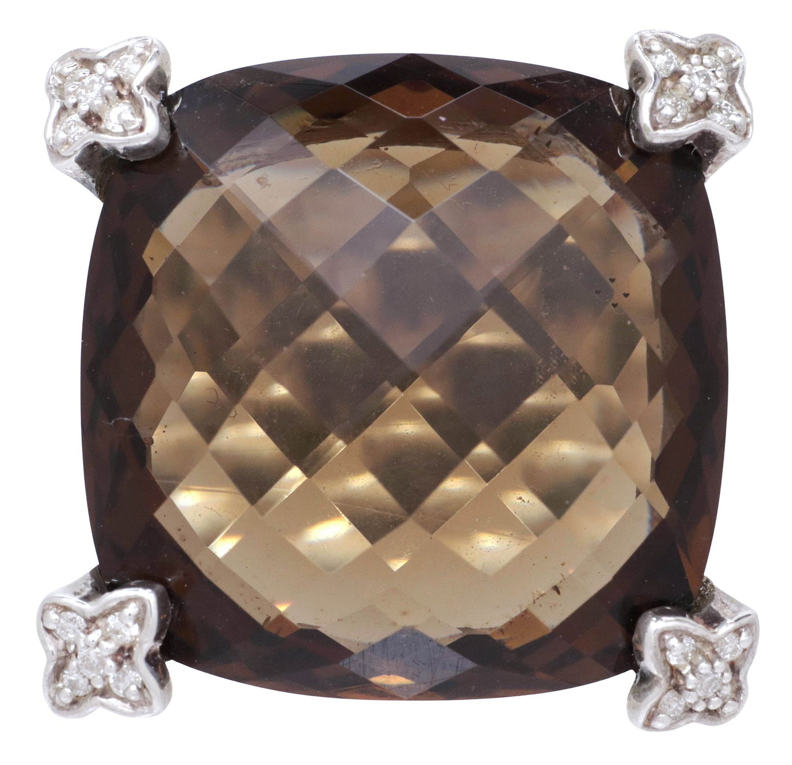 DAVID YURMAN 'CUSHION ON POINT' STERLING, DIAMOND, & SMOKY QUARTZ RING: Estate sterling silver "Cushion on Point" ring, David Yurman, faceted smoky quartz center stone, quatrefoil prongs with (twenty) total small pave set diamonds, twisted cable split shank band, hallmark