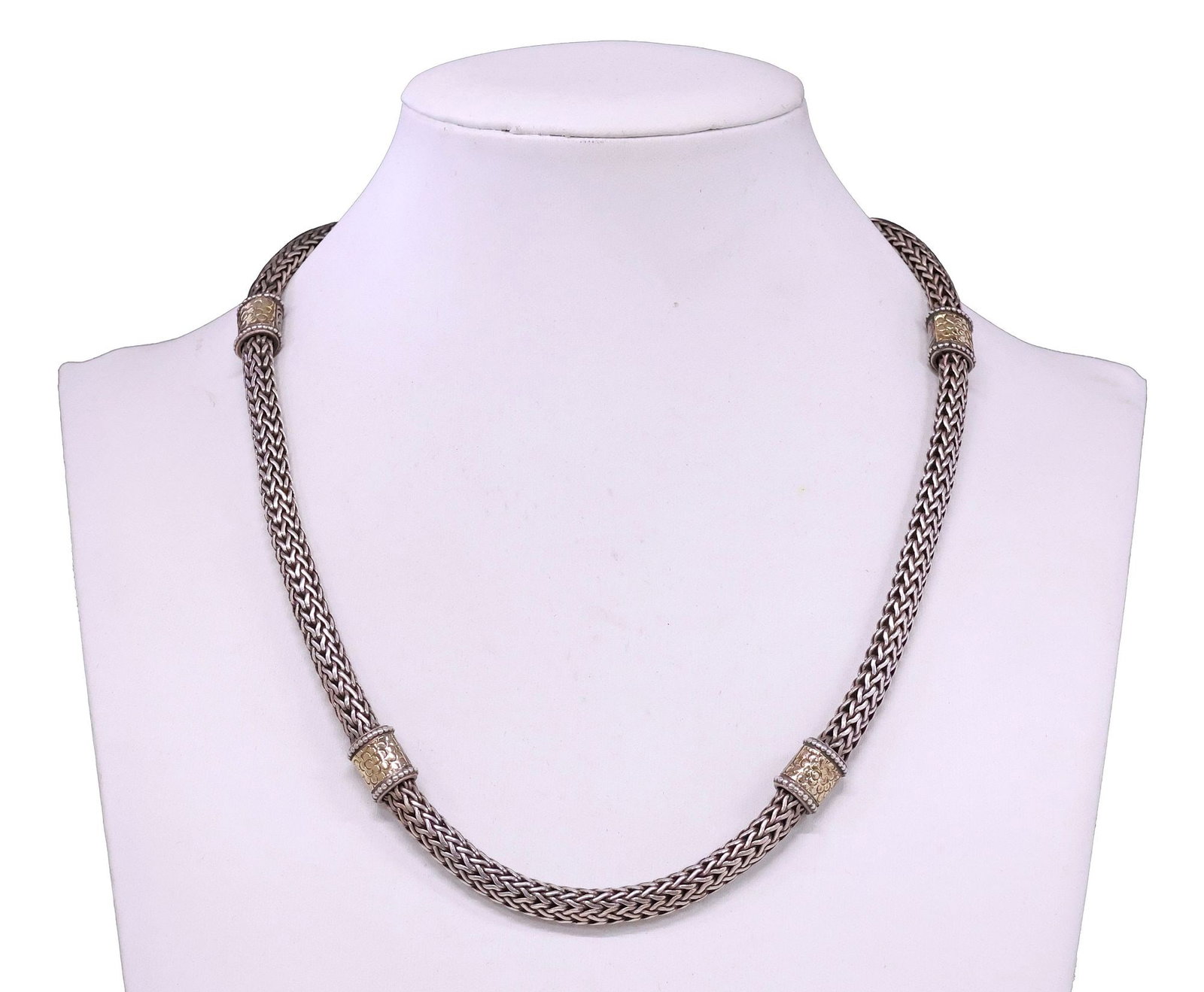 ESTATE JOHN HARDY STERLING SILVER & GOLD OVERLAY JAISALAMER CHAIN NECKLACE: Estate designer sterling silver and 18kt yellow gold overlay necklace, John Hardy, braided Jaisalmer chain with gold-accented floral ring spacers, box closure, marked 925 and 18K with maker's mark at 