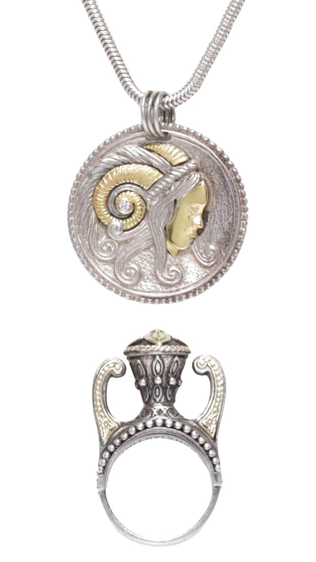 (2) KONSTANTINO STERLING SILVER & GOLD ZODIAC PENDANT NECKLACE & URN RING: (lot of 2) Estate sterling silver and 18kt yellow gold fill demi-parure, Konstantino, each hallmarked 925 and 750 with maker's mark at reverse, including: (1) "Aries" pendant necklace, from the "Zodia