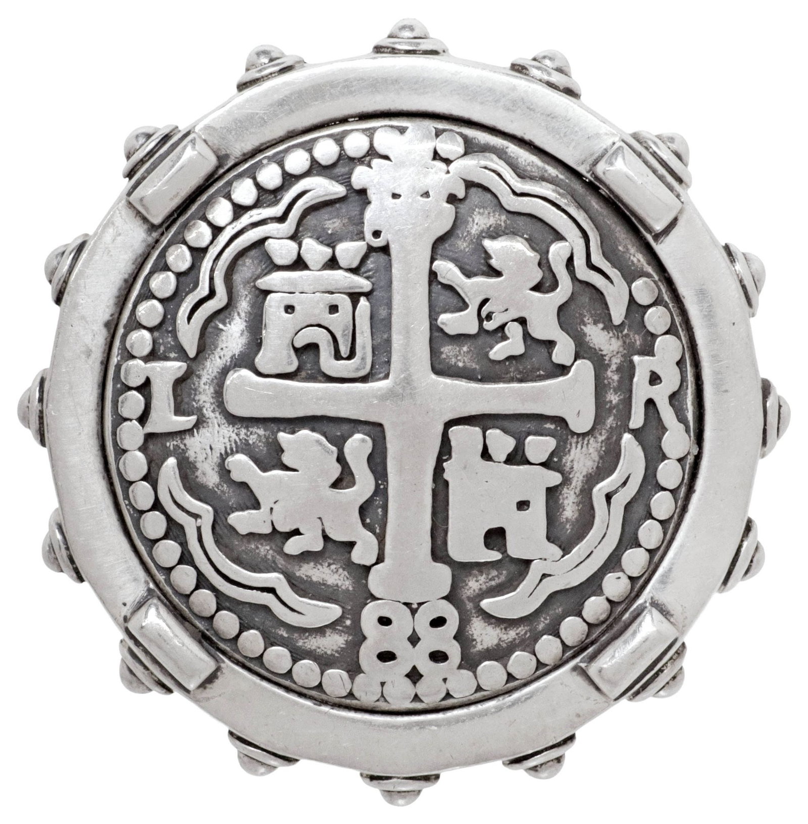 ESTATE BARRY KIESELSTEIN-CORD (B.1948) STERLING SILVER 'DOUBLOON' RING: Estate sterling silver "Doubloon" ring, Barry Kieselstein-Cord (American, b.1948), marked "KC Studio 2010" with moon and star, stamped 925, face: approx 1 1/8"diam, approx size 10.25-10.5, 0.77ozt **N