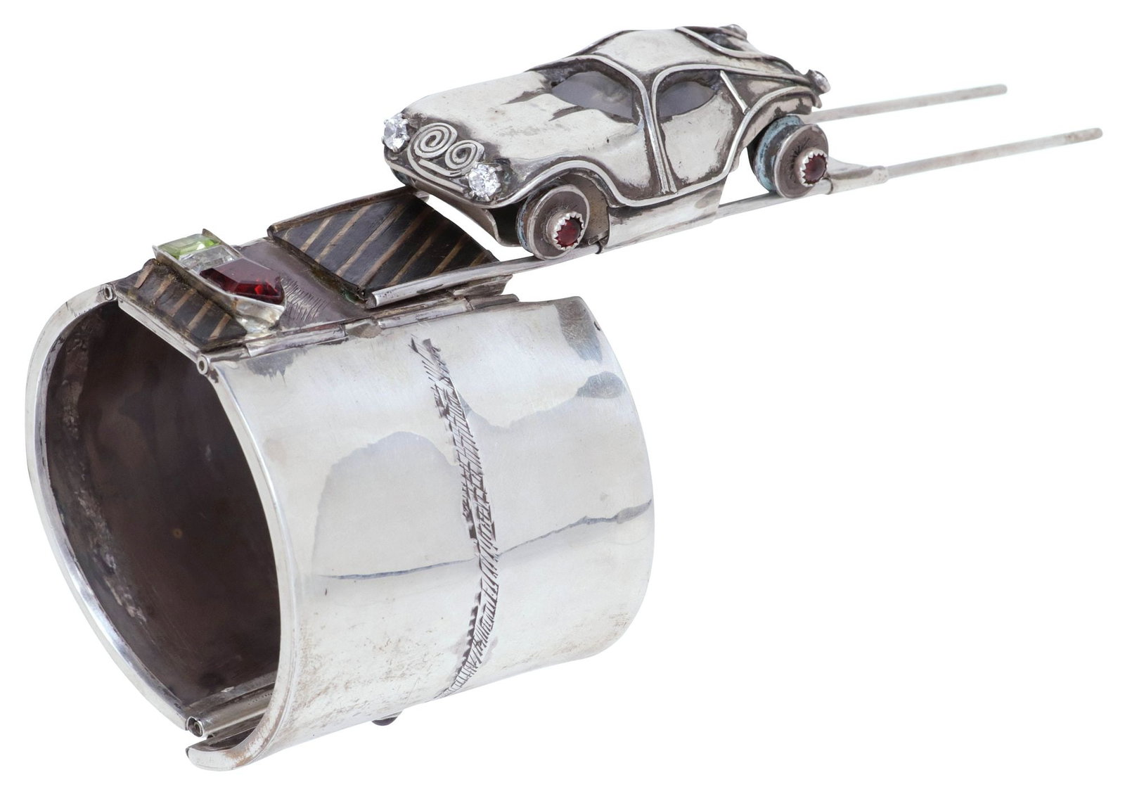 UNUSUAL ARTISAN STERLING KINETIC SILVER & GEMSTONE SLIDING CAR CUFF BRACELET: Unique artisan kinetic sterling silver and gemstone hinged cuff bracelet, with bezel-set multicolored gemstones, sculptural moving car on tracks, wide stampwork cuff with pin closure, marked M sterlin